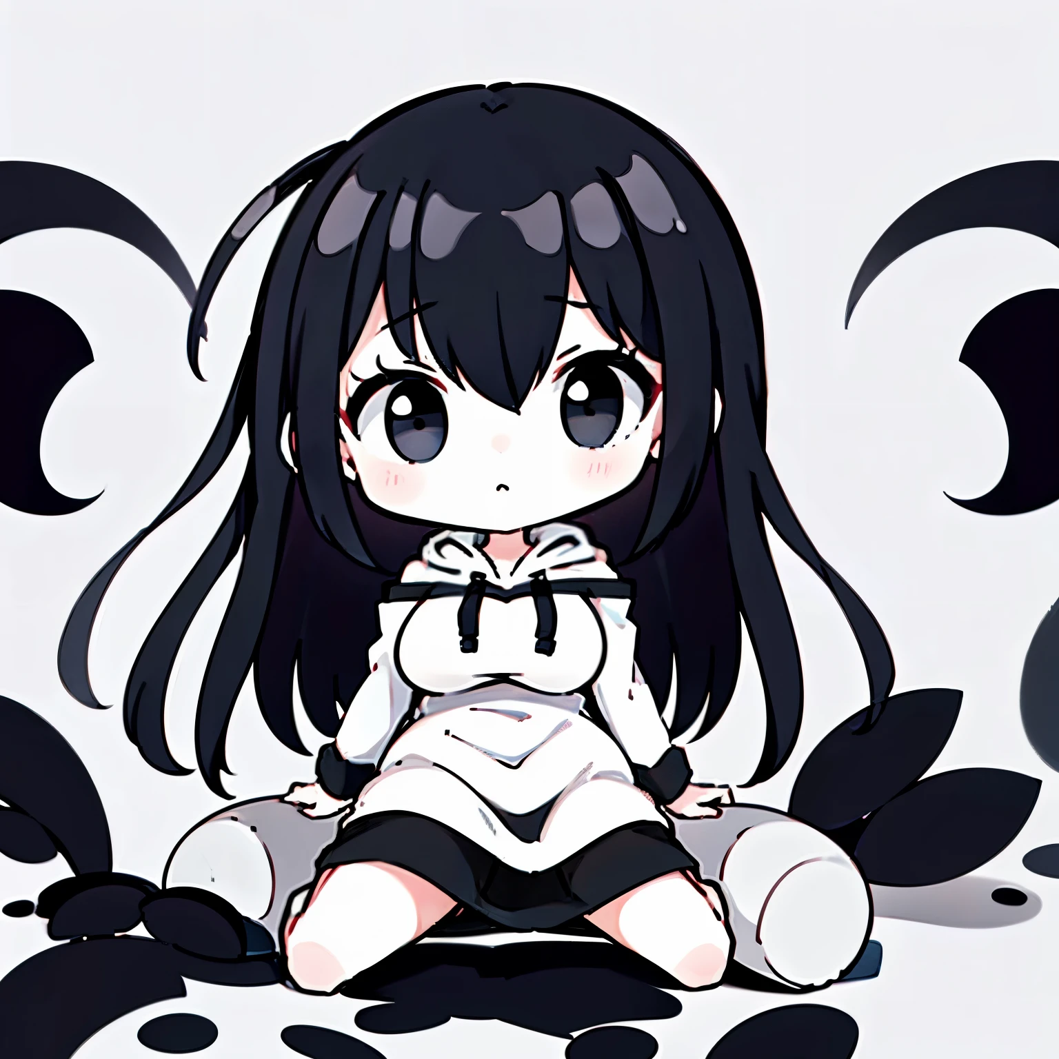 black and white, simplistic, white girl with dark medium length hair and ????????????? wearing a hoodie and sitting down on the floor but it's an all white background