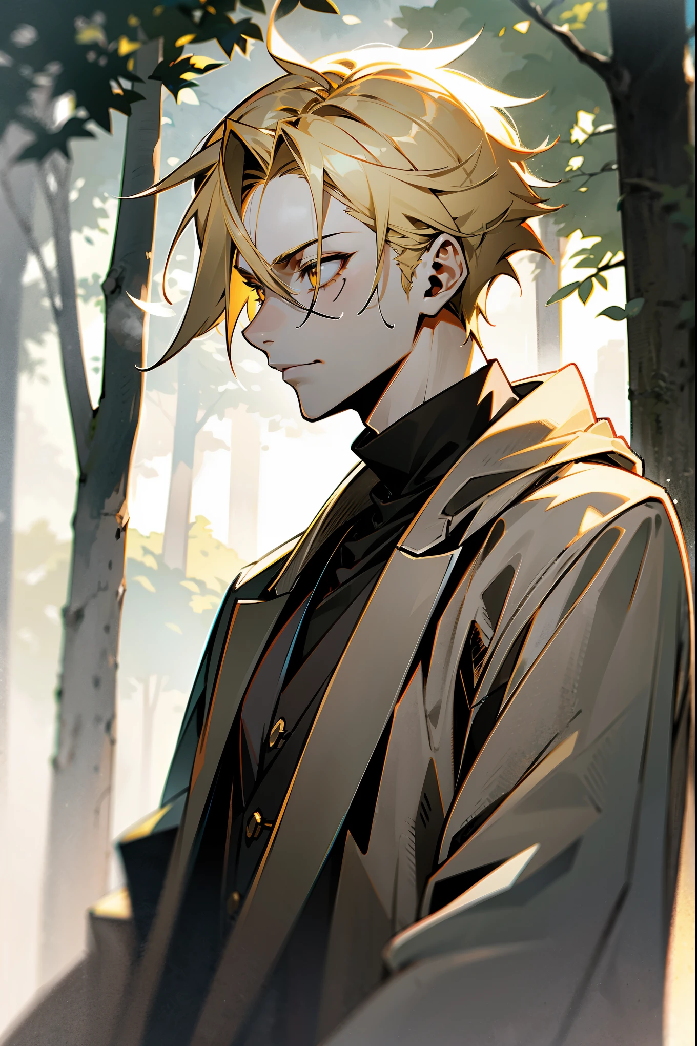 1male, blonde hair, black void eyes, (grey skin), short messy hair, casual clothing, casual overcoat, outside, forest background, sun shining, scar on arms, unamusing expression
