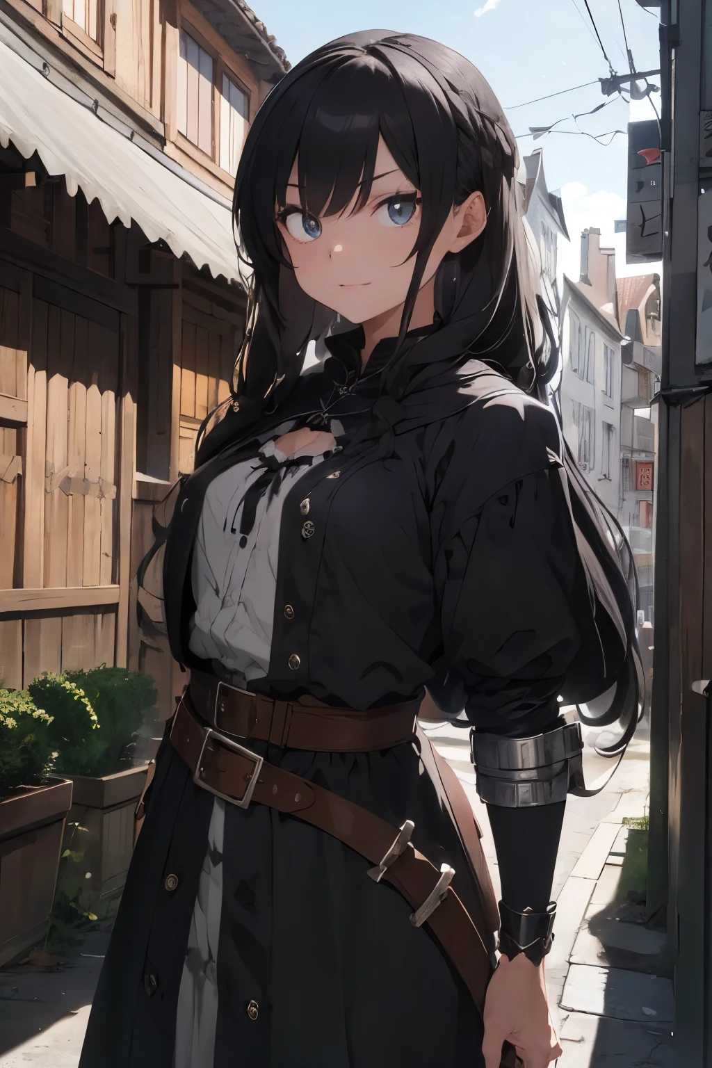 ((best quality)), ((Meisterwerk)), (detailliert), perfektes Gesicht, (Meisterwerk, best quality, detaillierter Hintergrund, Komplizierte Details), Fantasy-Thema, Herr der Ringe , black hair, long hair, Im Inneren des Dungeons, 1girl , ager , Zauberer , Magier , lange robe, Umhang , Bandana, grau Augen, Dagger on the hip, Belt bags, selbstbewusster Ausdruck, dynamische Pose, rostige Schatztruhe, Steinmauern, dunkel , schwarze haare, lange haare, umhang, black cloak, light metal armor , evil look , Evil expression , hole body , light armor ,