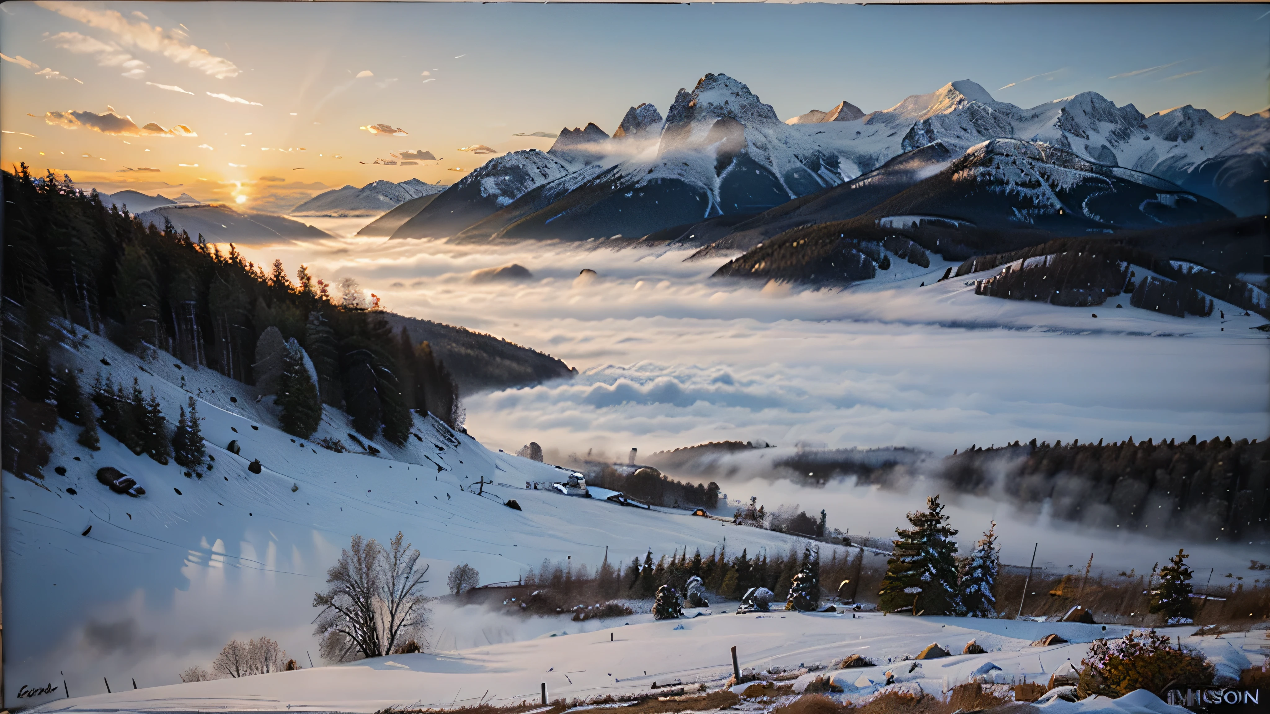 oil painting, acrylic, thick brush, oil on canvas, winter landscape, snowy forest, misty mountains, sunset, impressionism. smooth