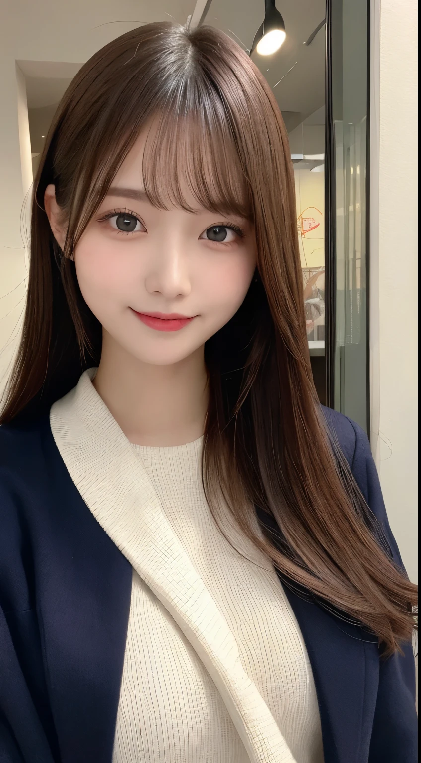 table top, highest quality, figure, super detailed, finely, High resolution, 8k wallpaper, 完璧なダイナミックな構figure, beautiful and fine eyes, long coat and knit,medium hair,small breasts natural color lip, bold sexy pose,smile,Harajuku、20 year old girl、cute、sexy shot looking at camera,perfect and beautiful face
