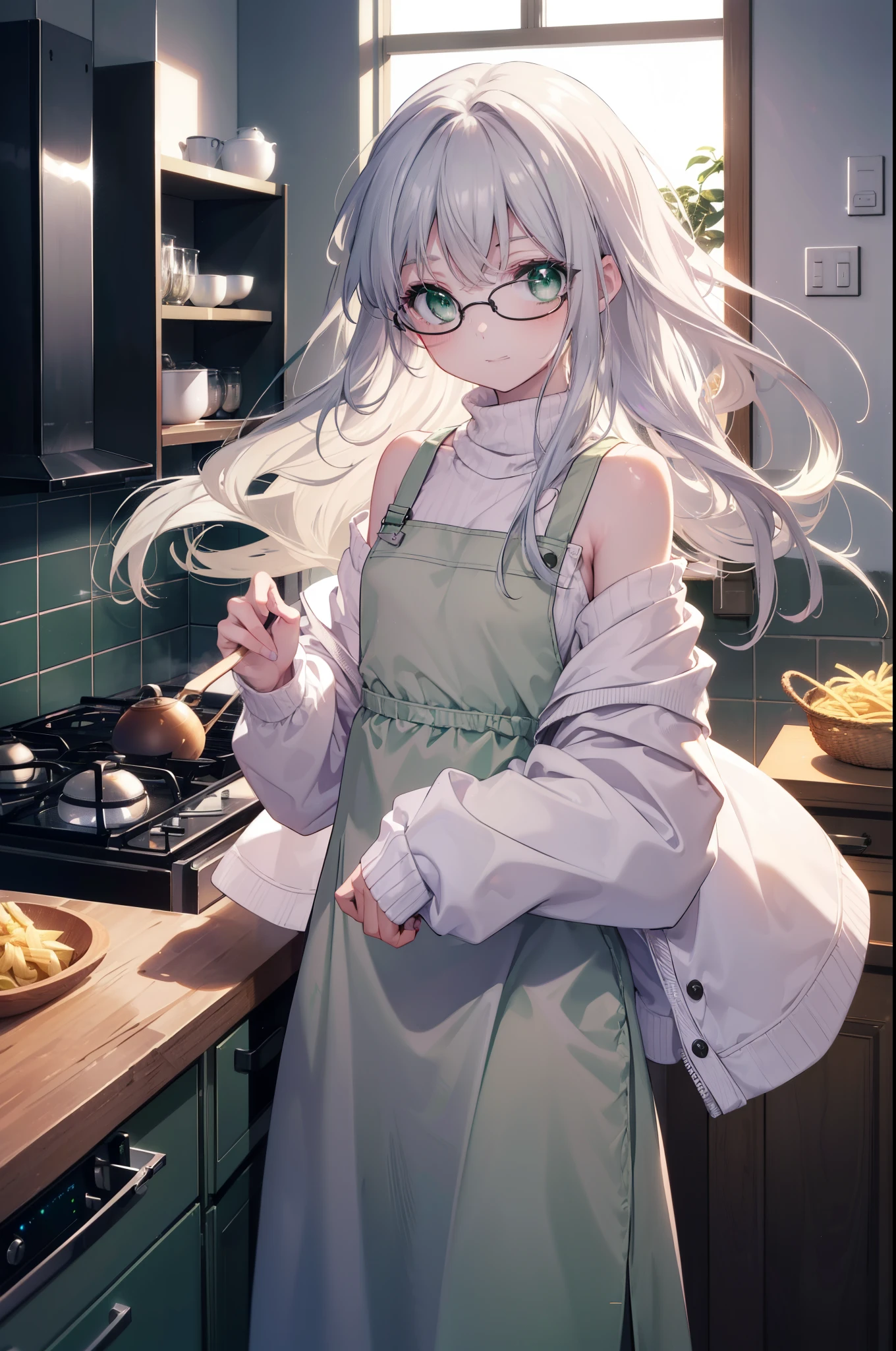 index, index, (green eyes:1.5), silver hair, long hair, (flat chest:1.2),smile,blush,off shoulder sweater,bare shoulders,bare clavicle,bare neck pink apron,skinny pants,Black Abyss glasses,kitchen,Boil the pasta in a frying pan,
break looking at viewer, Upper body, full body,
break indoors, kitchen,kitchen,
break (masterpiece:1.2), highest quality, High resolution, unity 8k wallpaper, (figure:0.8), (beautiful and fine eyes:1.6), highly detailed face, perfect lighting, Very detailed CG, (perfect hands, perfect anatomy),
