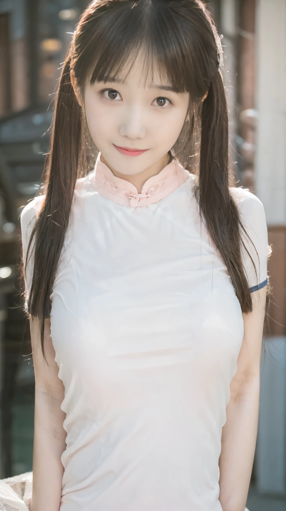 sweet smile、night、original photography、(((ultimate beauty portrait)))、((sparkling skin))、1 girl、 15 year old beautiful girl、bright expression、((dark brown hair))、(cleavage)、 (Pink tight sexy cheongsam: 1.4), Tight skin,Various exotic styles,(red lips:2.0), The face is super delicate,naked thighs,((Big eyes sparkling like gems))、Glowing and radiant skin、(Goddess of Rapunzel)、(silk headband)、(standing)、Eyeliner、beautiful bangs、hair between eyes、((Masterpiece、top quality、Super detailed、Warm colors、intricate details、high resolution、Very detailed))、background for this、digital SLR、soft light、high quality、film grain、富士XT3 、shallow view deep、natural soft light、Kamimei、plump bust,Big breasts,Protruding breasts,puffy nipples,Soaked clothes,wet nurse,Water dew