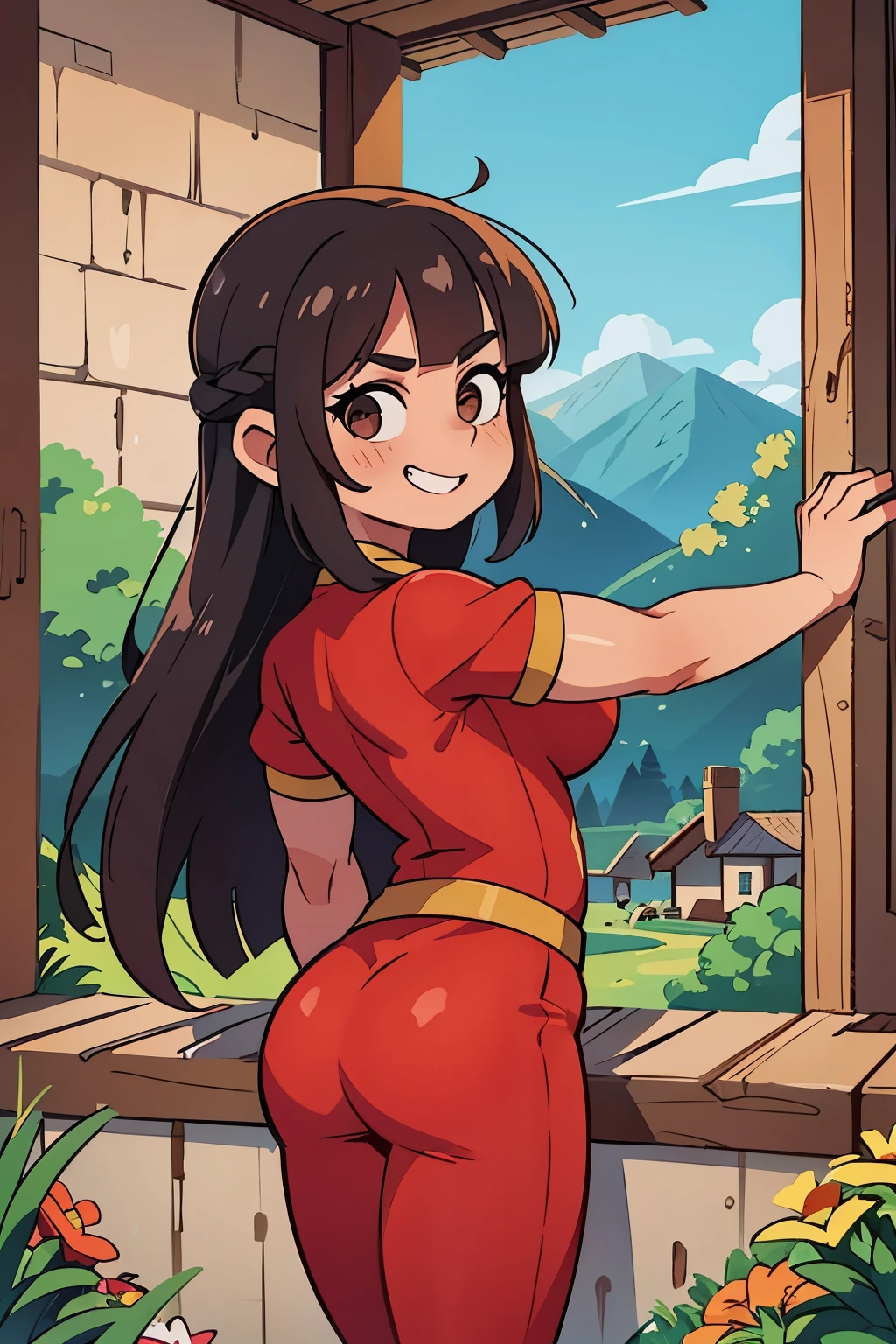 garota guerreira medieval musculosa, sorrindo com cabelo longo ruivo, sentado na grama em frente a uma fogueira, ((seios grandes)), with mountains in the background and a mansion at the top, ((quadril largo)), big Butt, big breasts, muscle girl, roupa colada ao corpo, segurando espada, muscle arms, ((muscle legs)), superdetail, red dress, legging pants,