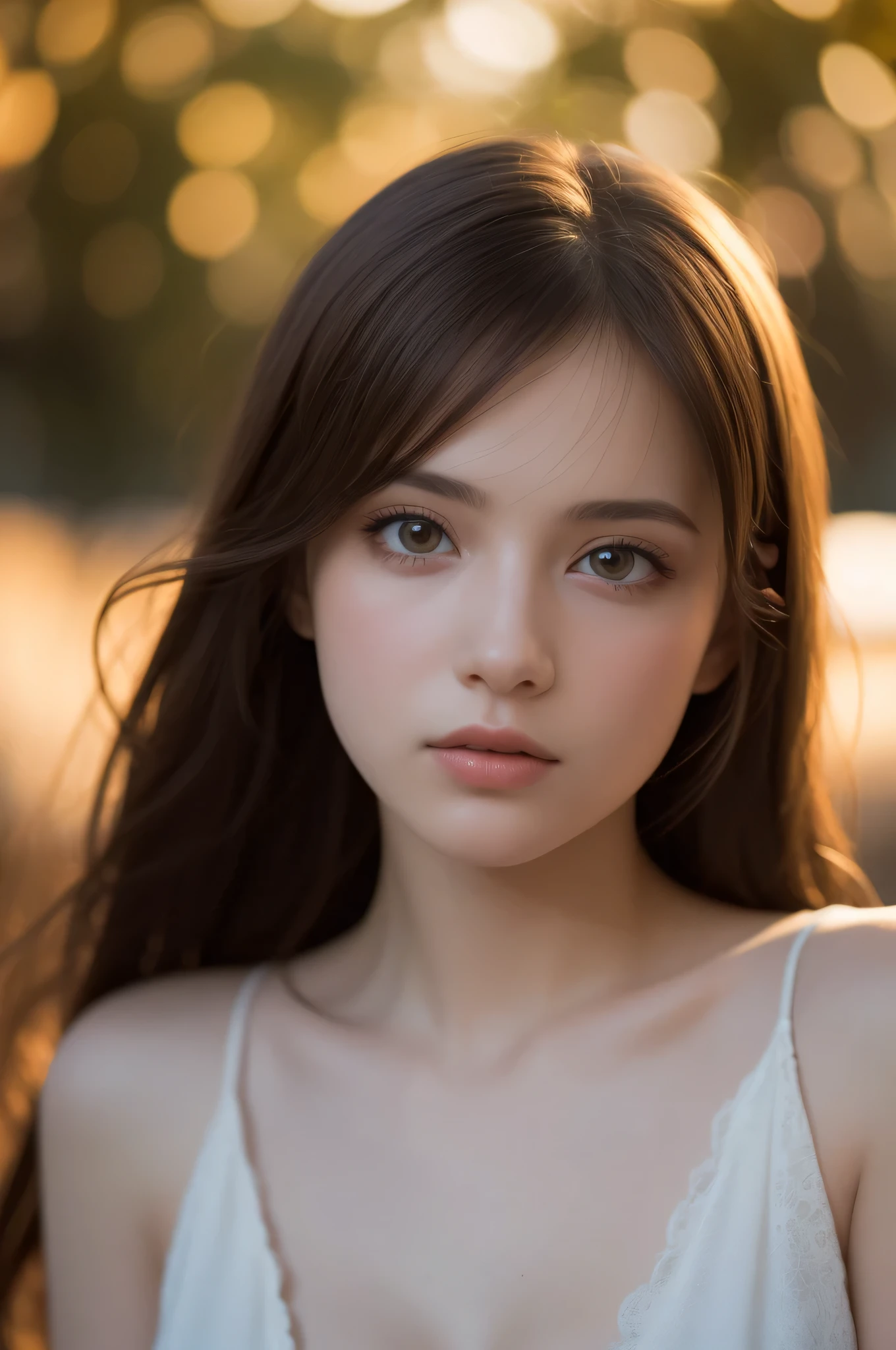(best quality), (ultra-detailed), (llustration), (detailed light), (an extremely delicate and beautiful), 1young girl, long hair, brown hair, brown eyes, model, Enchanting, Sublime, Ethereal, Sorrow, confusion, best quality, fantastic, extremely detailed CG unified 8k wallpaper, High-definition raw color photos, professional photograpy, (((Bokeh))), twilight, Golden hour, Backlighting, depth of fields,