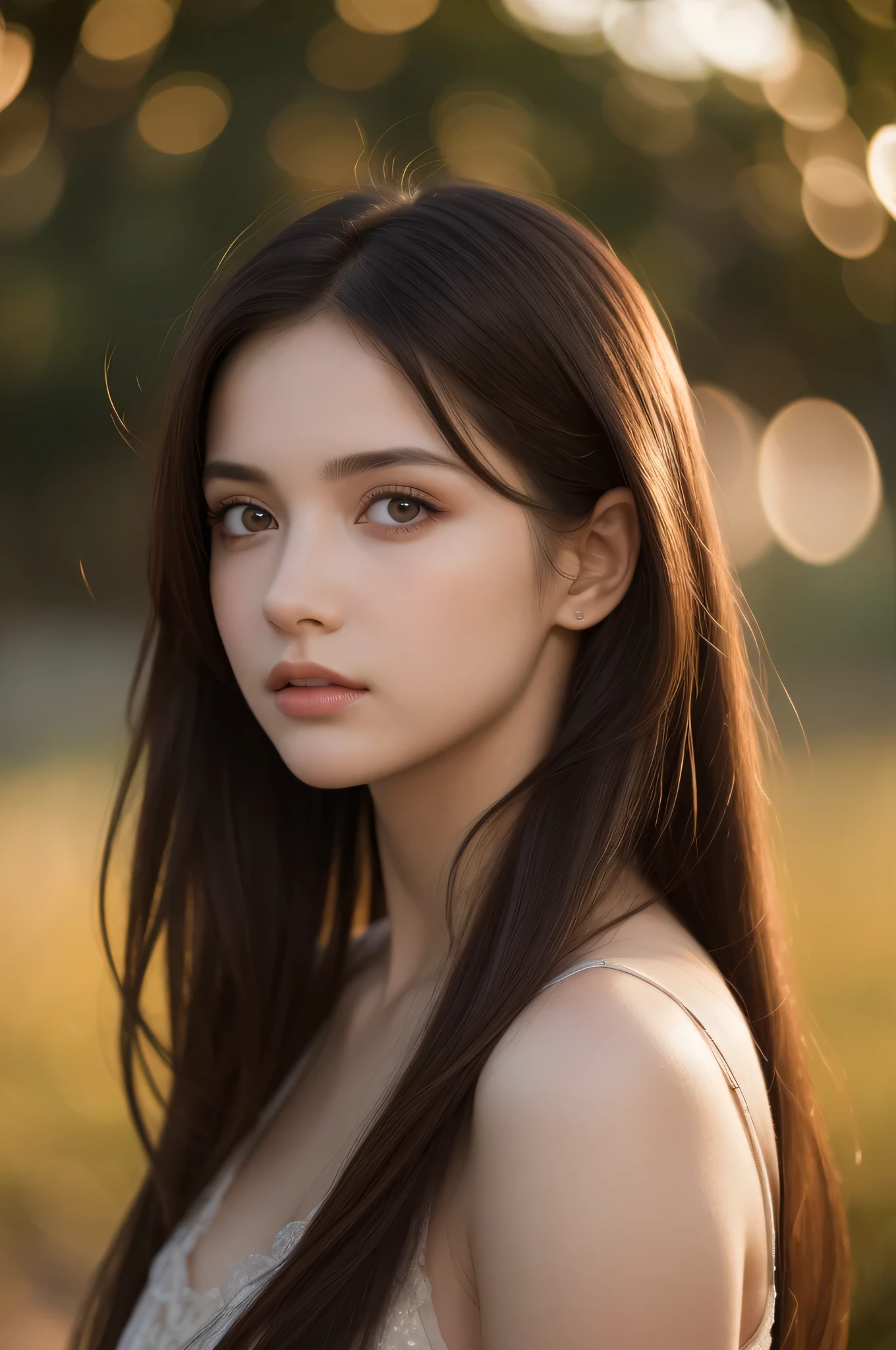 (best quality), (ultra-detailed), (llustration), (detailed light), (an extremely delicate and beautiful), 1ung girl, long hair, brown hair, brown eyes, model, Enchanting, Sublime, Ethereal, Sorrow, confusion, best quality, fantastic, extremely detailed CG unified 8k wallpaper, High-definition raw color photos, professional photograpy, (((Bokeh))), twilight, Golden hour, Backlighting, depth of fields,