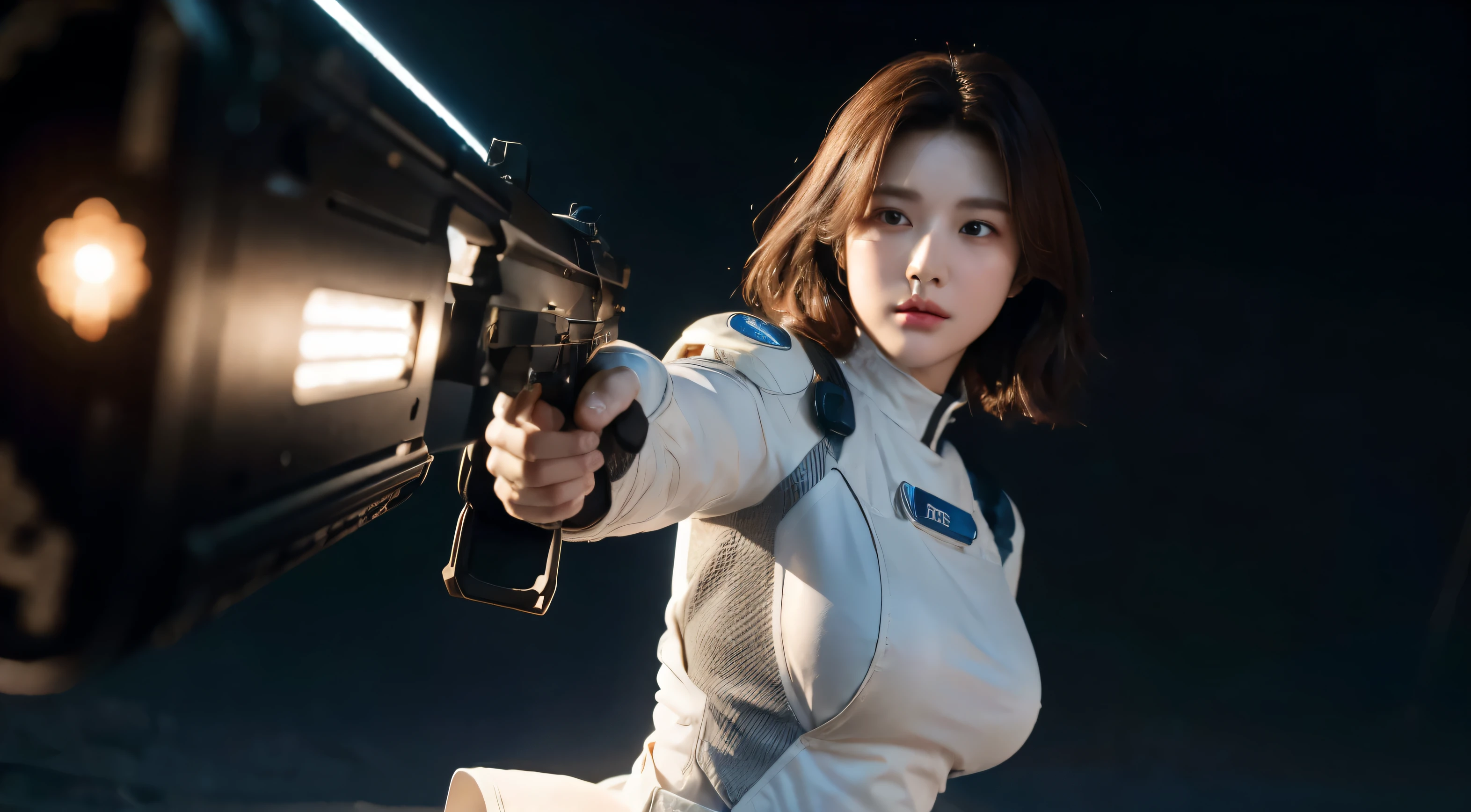Ulzzang-6500-v1.1,(original photo:1.2),((realistic:1.4)),top quality,masterpiece, enlightenment, Very delicate and beautiful, very detailed CG ,unity,8K wallpapers, amazing、in detail, official art,the Extremely Detailed CG unity 8K Wallpapers,absurd, huge file size, very detailed, highest resolution, girl with beautiful details, very detailed 눈과 얼굴, beautiful and delicate eyes,face lighting,movie lights,((very hard spacesuit)),1 girl,full body shot,look at the viewers,((blissful)), The most detailed background, ((cosplay)), laugh, ((with a rifle)), an unknown encounter, ((alien and girl))、