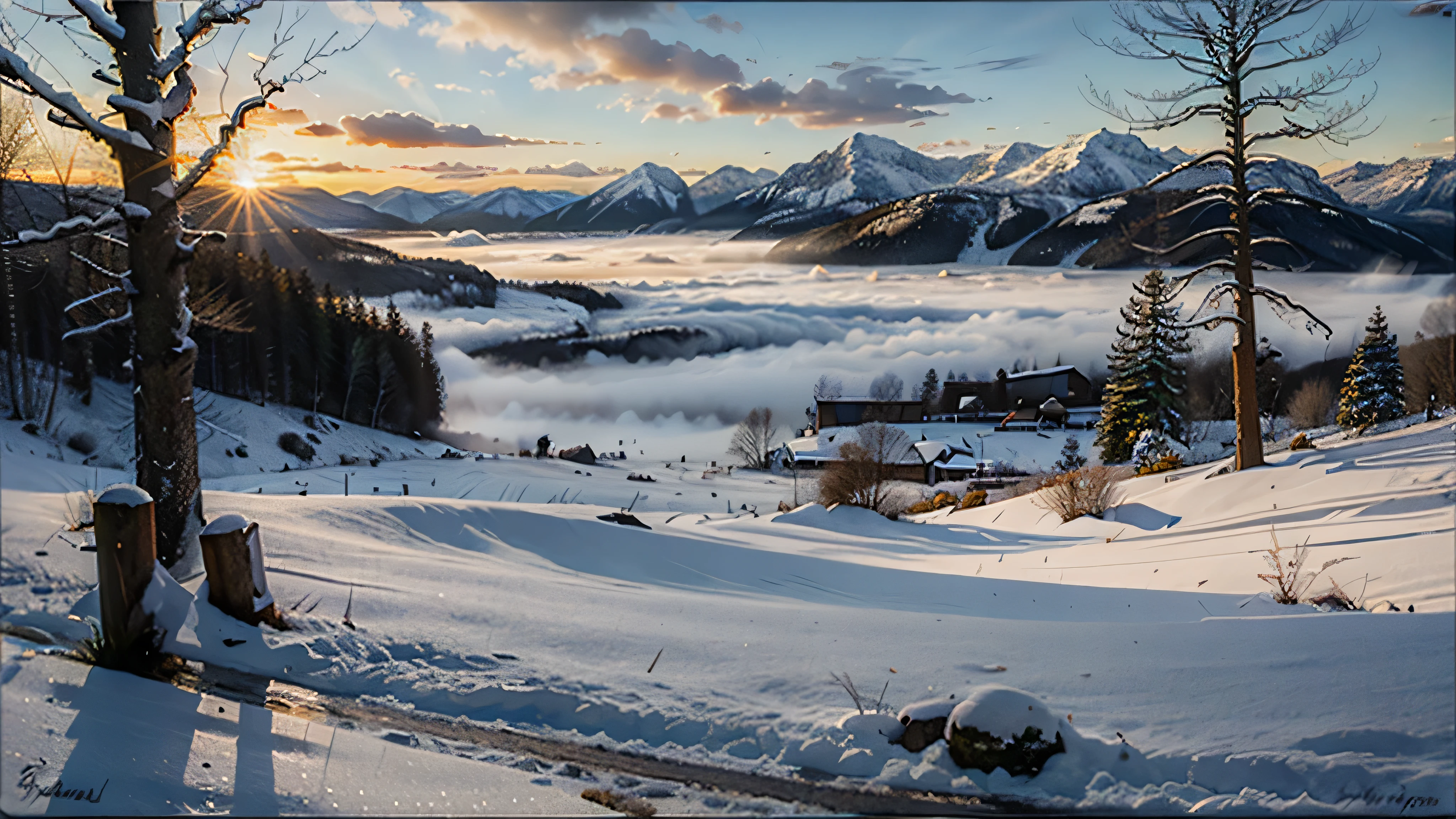 oil painting, acrylic, thick brush, oil on canvas, winter landscape, snowy forest, misty mountains, sunset, impressionism. smooth