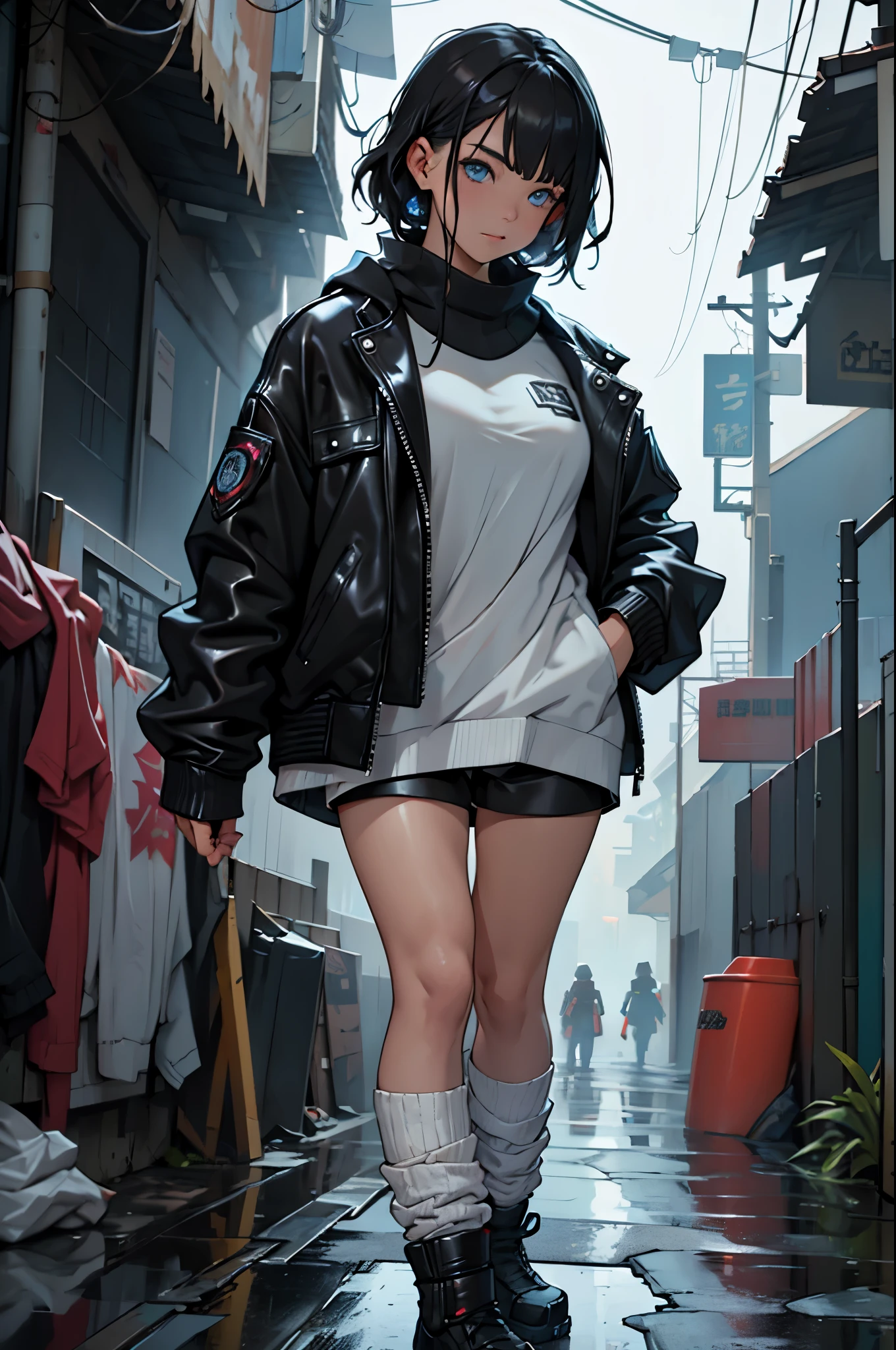 Full body Esbian、cute eyes、parts of a well-groomed face、black mask+ベロアウト付きのblack mask、(highest quality、8K resolution、masterpiece:1.3)、Focus Section: 1.2、delicate and beautiful body 1.4、is 1.2、golden short hair 1.2、chest 1.2、wet clothes 1.1、rain、street 1.3、bando dress 1.1、High definition skin texture、narrow eyes、double eyelid、Whitening skin、Shutdown 1.3、black leather jacket and black leather shorts、boots、white loose socks、female cyberpunk、Cyberpunk 20 year old model girl、夢のようなCyberpunk Girl、Digital cyberpunk art、cyberpunk、パーカーを着たCyberpunk Girl、cyberpunk beautiful girl、Cyberpunk Girl、cyberpunk art、Clear light blue eyes、Cleans the whites of your eyes。