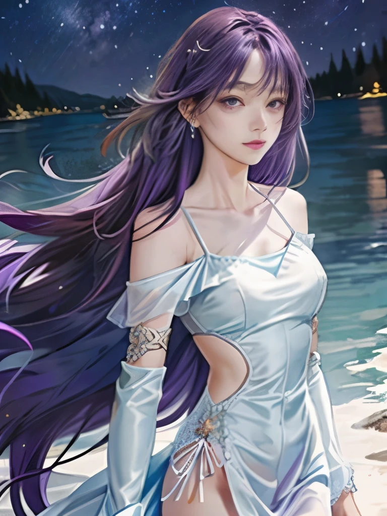 darkness　Different world、very long purple hair 1:5、small face、whole body expression、medium breasts、light blue see-through dress（Off-shoulder white bikini armor is visible）The background is a lake on a moonlit night