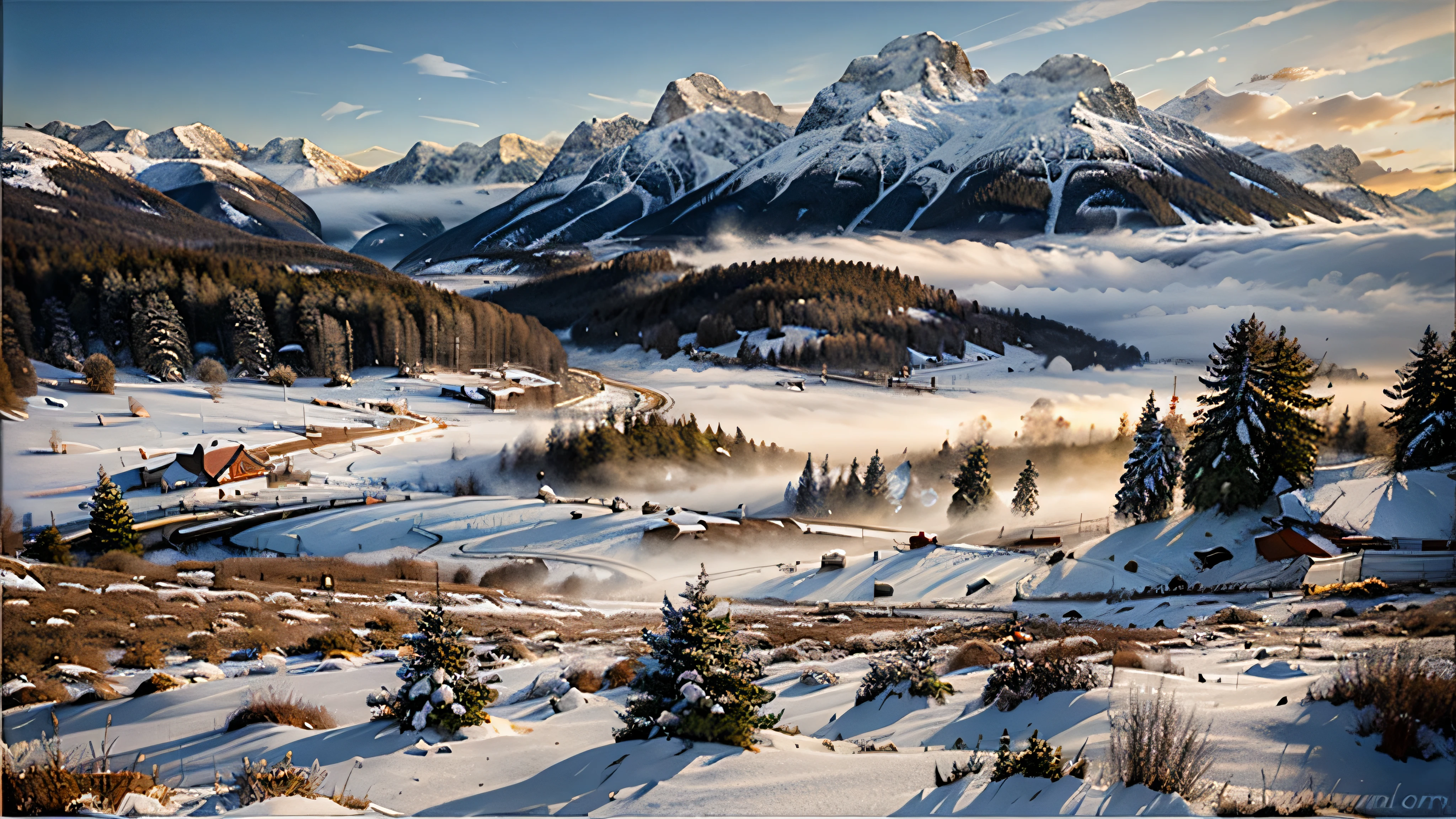 oil painting, acrylic, thick brush, oil on canvas, winter landscape, snowy forest, misty mountains, sunset, impressionism. smooth