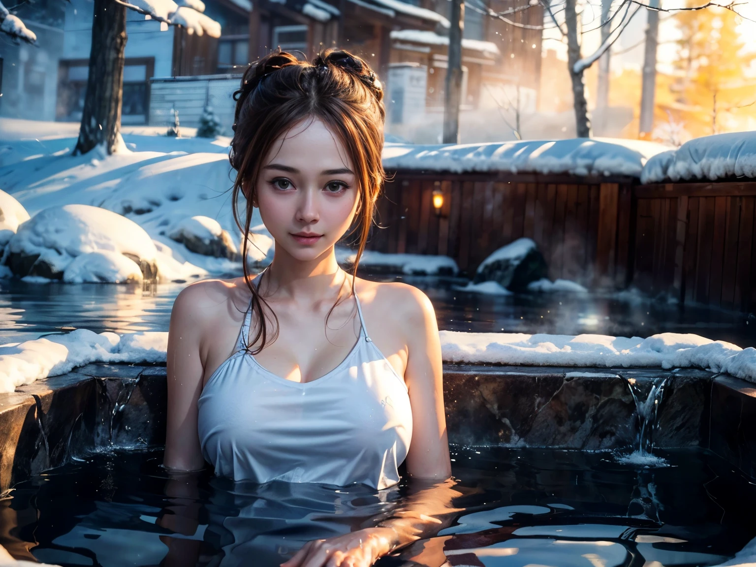 (best quality,4k,8k,highres,masterpiece:1.2),ultra-detailed,(realistic,photorealistic,photo-realistic:1.4),portrait,beautiful faces,aura kasih, young girls,(deep soaking:1.4, in water), undressed,perfect sagging breast covered by towel, outdoor onsen,natural hot springs,warm golden light, reflections on water,inocent expression,bun hair, foggy atmosphere,vivid colors,natural and peaceful setting,serene horizon,winter ambient, surrounded by snow,tranquil moments,endless happiness, photon mapping, dynamic lighting