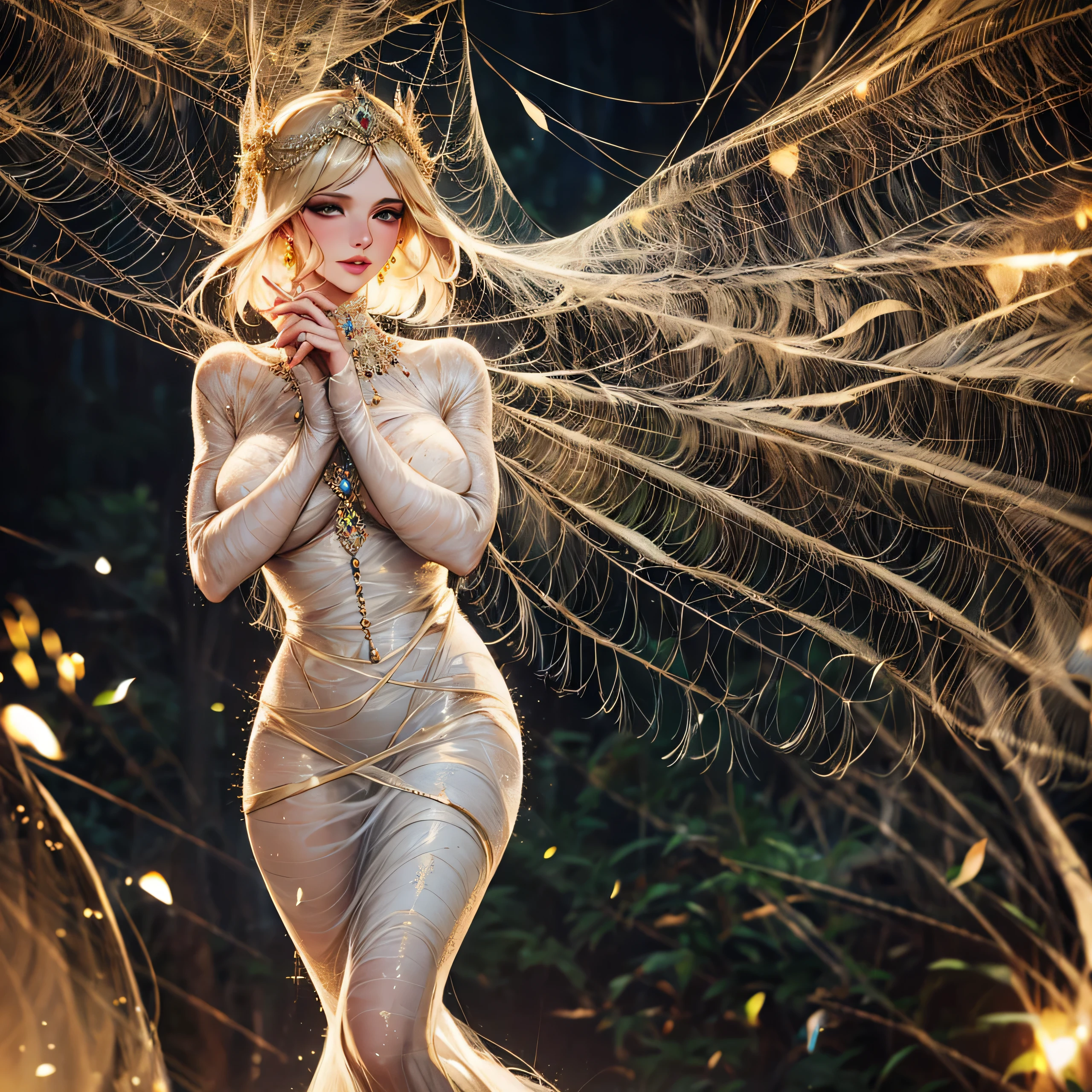best quality,4k,8k,highres,masterpiece:1.2,ultra-detailed,(realistic,photorealistic,photo-realistic:1.37),retro 20s outfit,beautiful woman,detailed eyes,detailed lips,longeyelashes,vivid colors,studio lighting,delicate lace dress,jazz age style,feathers and sequins,art deco design,golden headpiece,ornate jewelry,elegant pose,smoky environment,vintage atmosphere,glamorous makeup,pearls and diamonds,elongated silhouette,high fashion,model-like features,perfectly styled hair,flapper girl style,vintage cigarette holder,sparkling accessories,dancing in ballroom,swinging jazz music,empowered and confident,old Hollywood glamour,1920s fashion icon,flawless skin,strong presence,feminine charm,romantic ambiance,luxurious setting,gentle spotlight,soft focus,glimmering champagne,exquisite detail,classic elegance. sidesuspension, spider web