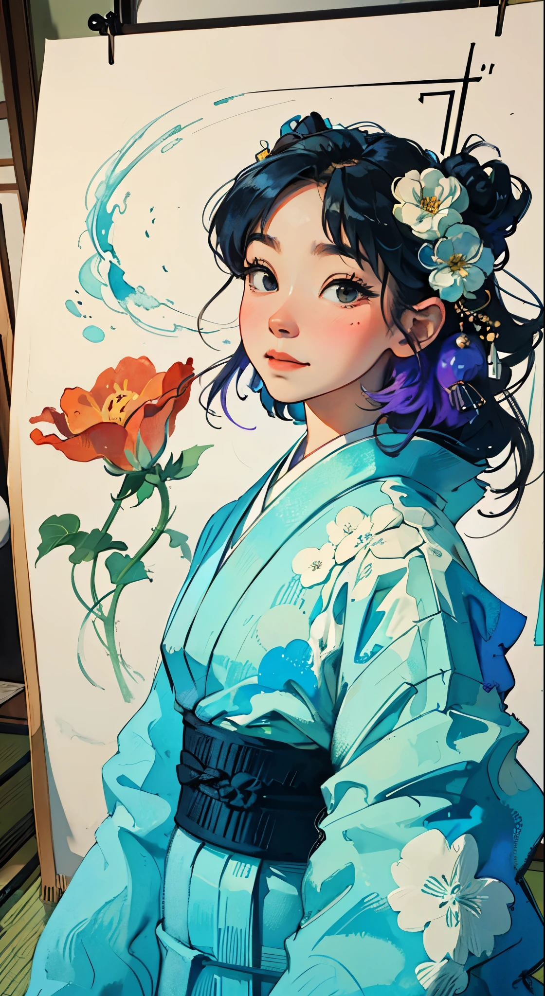 8K, top-quality, hight resolution, Bauhaus, shapes, lines, abstract, Bishoujo 1 25 years old, Flower steamed buns,A slight smil, (traditional Japanese kimono:1.3)、Luxury kimono、no wrinkles at all,watercolor paiting, (Flower hair ornament:1.3), Bauhaus, shapes, lines, abstract, style of studio ghibli hayao Miyazaki