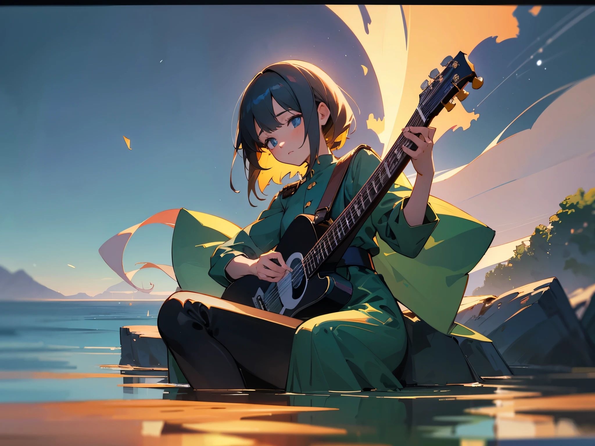 focus on landscape,Landscape painting,The girl is playing the guitar while looking up at the sky,Masterpiece of a girl in uniform playing the guitar, immersed in a peaceful night scene, 4K high-definition digital art, with ultra-detailed digital paintings, capturing every texture and nuance in 4K, Beautiful art UHD 4K, showcasing great art style and dreamy digital painting, calm night setting, intuitive details, anime art wallpaper enhancing your space, 1 girl, lost in her music, highly detailed digital painting, 4K high-definition, intricately rendered uniform, sitting on the breakwater, watching the tranquil water, great lighting complementing the scene, 4K detailed digital art, highly detailed digital painting, capturing every emotion and