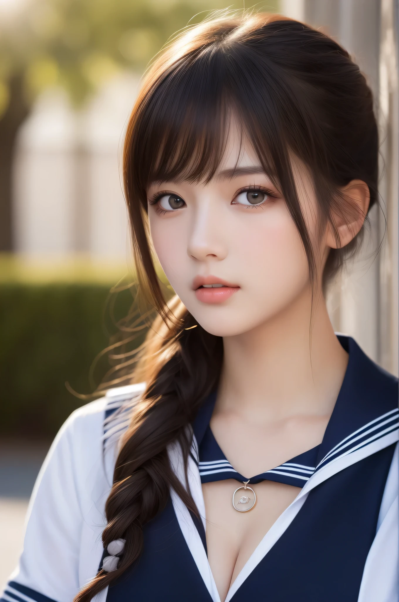 1 girl, (highest quality:1.4), (super detailed), (Highly detailed beautiful face), wonderful face and eyes, black eye, black hair, (sailor suit, school uniform:1.2), (cleavage), Smooth, Highly detailed CG integrated 8k wallpaper, High resolution raw color photos, professional photos, light, Backlight, dream-like, impressive, Depth of bounds written