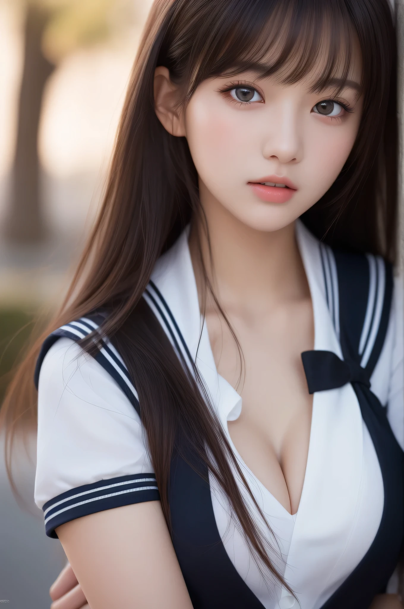 1 girl, (highest quality:1.4), (super detailed), (Highly detailed beautiful face), wonderful face and eyes, black eye, black hair, (sailor suit), (cleavage), Smooth, Highly detailed CG integrated 8k wallpaper, High resolution raw color photos, professional photos, light, Backlight, dream-like, impressive, Depth of bounds written