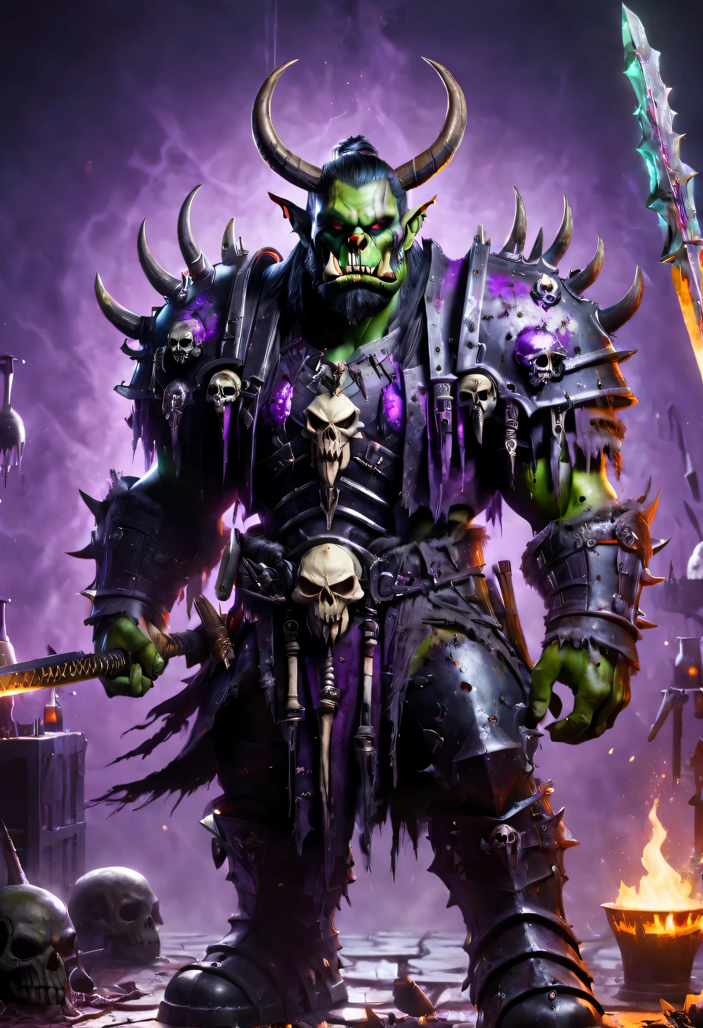 wowrcs, orc death knight, death knight outfit, heavy armor with skulls, heavy armor, dark themed, holding sword in front of his body, war paint on his face, big horns, standing in medieval laboratory cauldrons filled with glowing purple sludge in background subsurface scattering high saturation