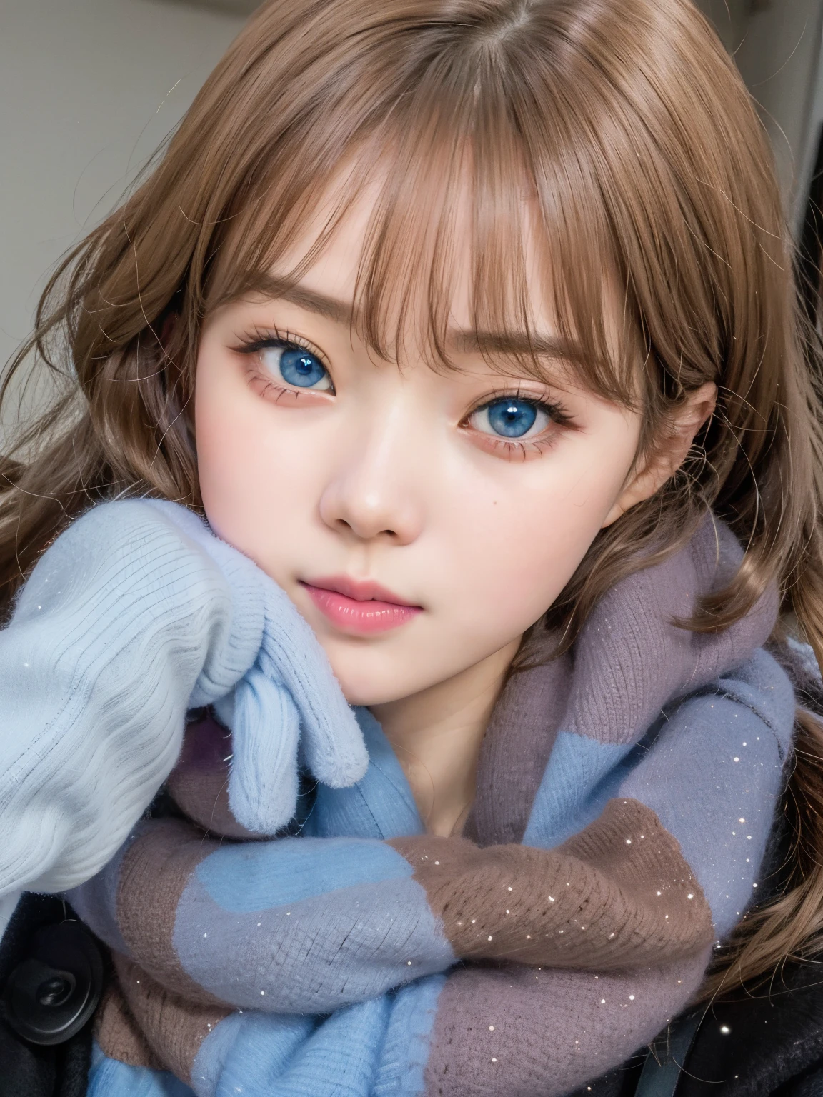 arafed woman with a scarf and gloves on posing for a picture, ulzzang, kawaii realistic portrait, soft makeup, pastel blue eyes, sakimichan, fluffy bangs, 🤤 girl portrait, cute natural anime face, soft round face, girl cute-fine-face, icy eyes, lalisa manobal, popular south korean makeup, very pretty face