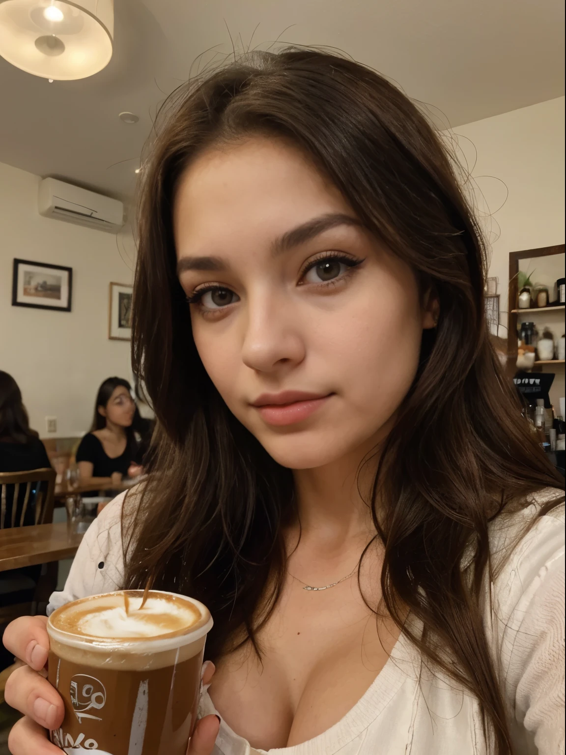 Photo of a 20 year old brunette woman., que tiene una cara muy natural,  labios delgados, ojos delgados, cejas finas, nariz fina, pendientes, long eyelashes. She takes a cute selfie in a cafe.
