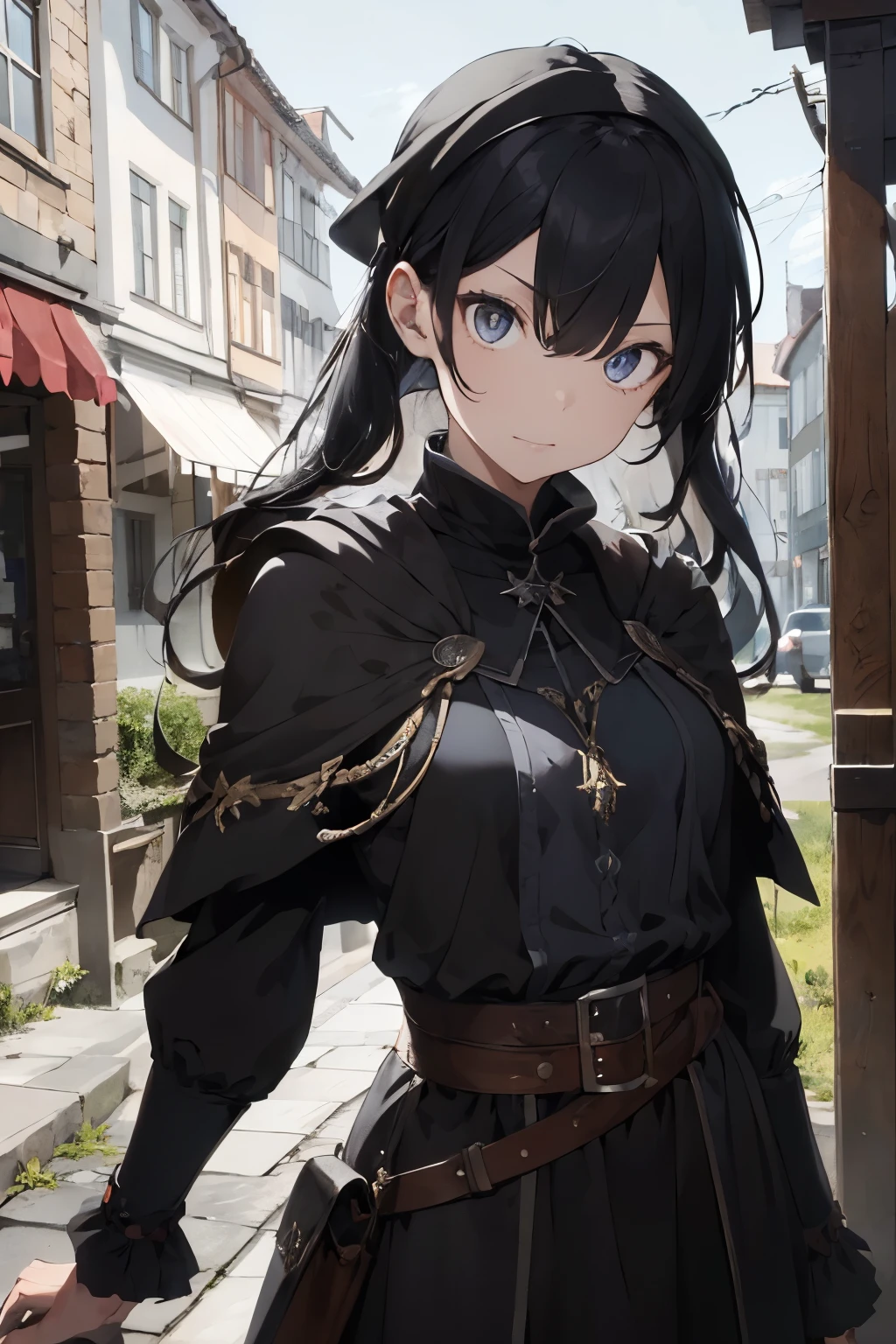((best quality)), ((Meisterwerk)), (detailliert), perfektes Gesicht, (Meisterwerk, best quality, detaillierter Hintergrund, Komplizierte Details), Fantasy-Thema, Herr der Ringe , black hair, long hair, Im Inneren des Dungeons, 1girl , ager , Zauberer , Magier , lange robe, Umhang , Bandana, grau Augen, Dagger on the hip, Belt bags, selbstbewusster Ausdruck, dynamische Pose, rostige Schatztruhe, Steinmauern, dunkel , schwarze haare, lange haare, umhang, black cloak, light metal armor , evil look , Evil expression , hole body , light armor , grey eyes
