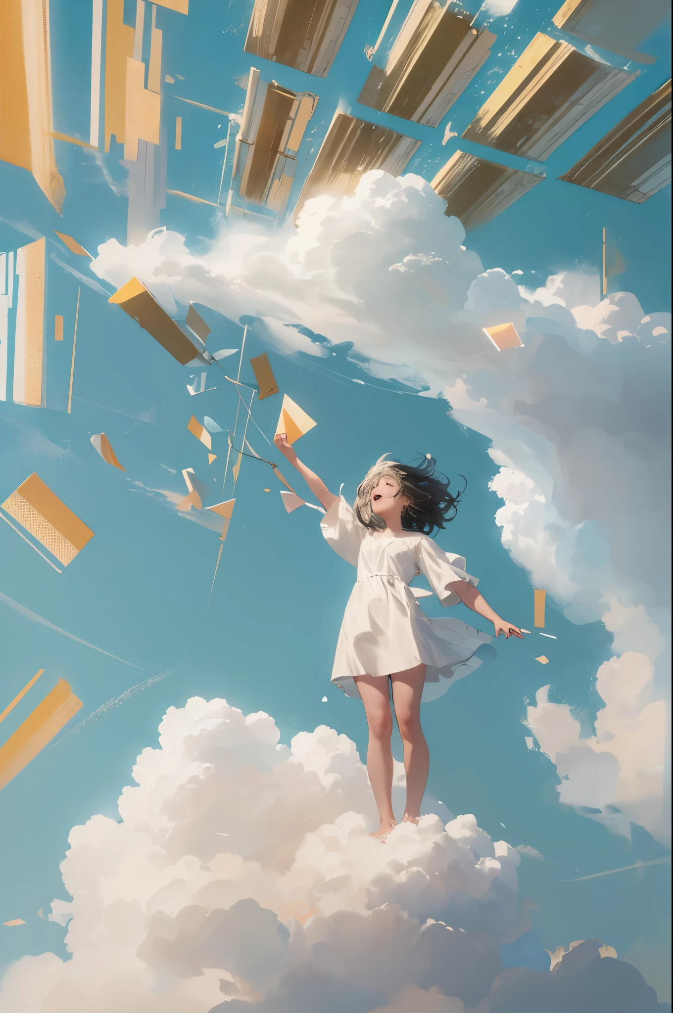 masterpiece, best quality, movie still, 1girl, floating in the sky, cloud girl, cloud, (close-up:1.1), bright, happy, fun, soft lighting, (Bauhaus, shapes, lines, abstract:1.1)