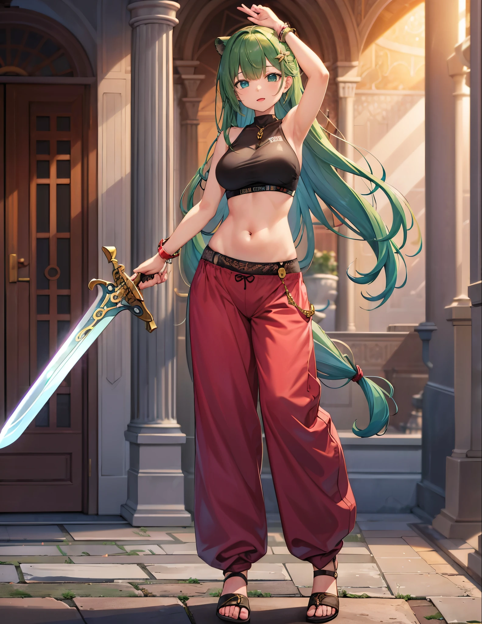 (best quality, 4k, 8k, highres, masterpiece:1.2), ultra-detailed, ((lioness girl)), ((green hair)), ((full body)), ((perfect body)), ((standing pose)), ((very baggy and long belly dance harem pants)), ((detailed pants)), ((perfect pants)), ((holding a big sword)), ((detailed sword)), ((perfect sword)), ((fully detailed)), illustration, vivid colors
