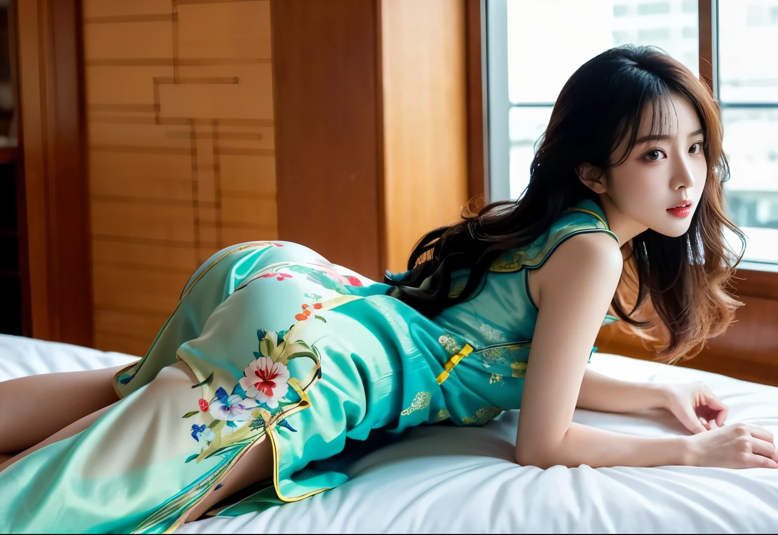 (Korean 30-year-old female),pretty,(in the hotel),(lying on bed:1.2),(Stick your ass up:1.3),(Her butt is touched by a man:1.3),(Being entered from behind:1.3),(View from the side:1.3),(full-body shot),(((masterpiece))), ((best quality)), ((intricate details)), ((Surreal)), moro liberation front,(Full of color:1.2), , Very detailed, (charming:1.1), (Large breasts),(cleavage:1.1),,White skin,full of color,sexual attraction,slim waist,pretty的腿,Cocked buttocks,wide hips,(perfect hands), Detailed fingers, beautiful eyes, wavy hair,brown eyes, business card, CEO,(High slit period cheongsam:1.2),(High split cheongsam:1.1),Detailed background, perfect eyes,blurred eyes,mouth slightly open,