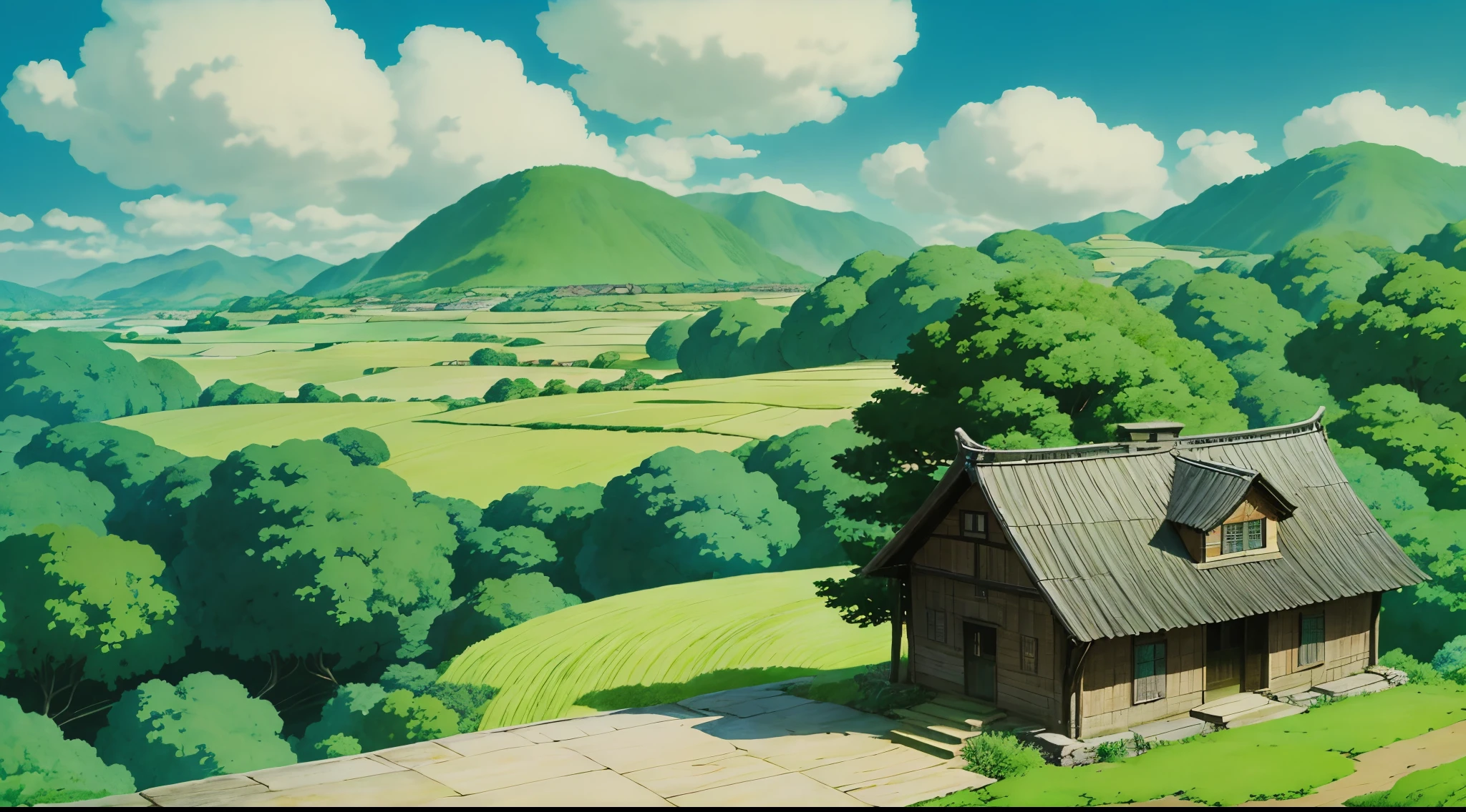 and soul、background art、beautiful scenery、god々々Shikai、Natural objects、studio ghibli style、You can feel the feel of the brush、countryside scenery、Sky and clouds