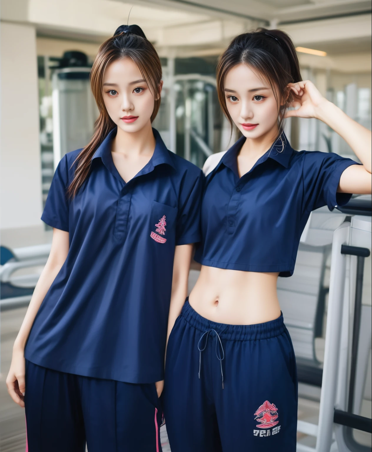 3 girls in fitness center, Navy blue short-sleeved shirt,Navy Long Trackpant,Sweatpants, Sweatpantsขายาว,25 year old girl, lesbian, sexy, exercise clothes, wet body, exercise clothes