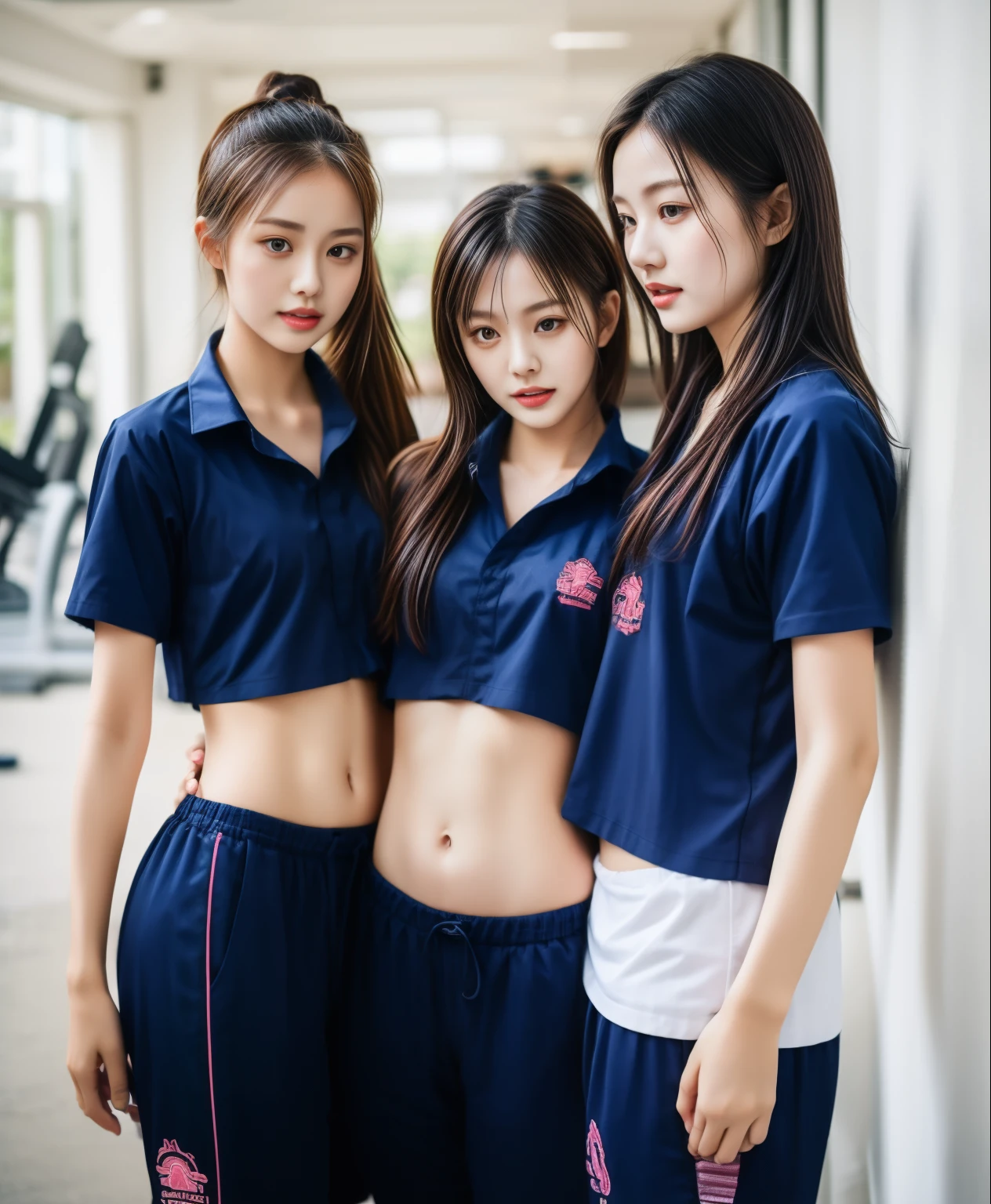 3 girls in fitness center, Navy blue short-sleeved shirt,Navy Long Trackpant,Sweatpants, Sweatpantsขายาว,25 year old girl, lesbian, sexy, exercise clothes, wet body, exercise clothes