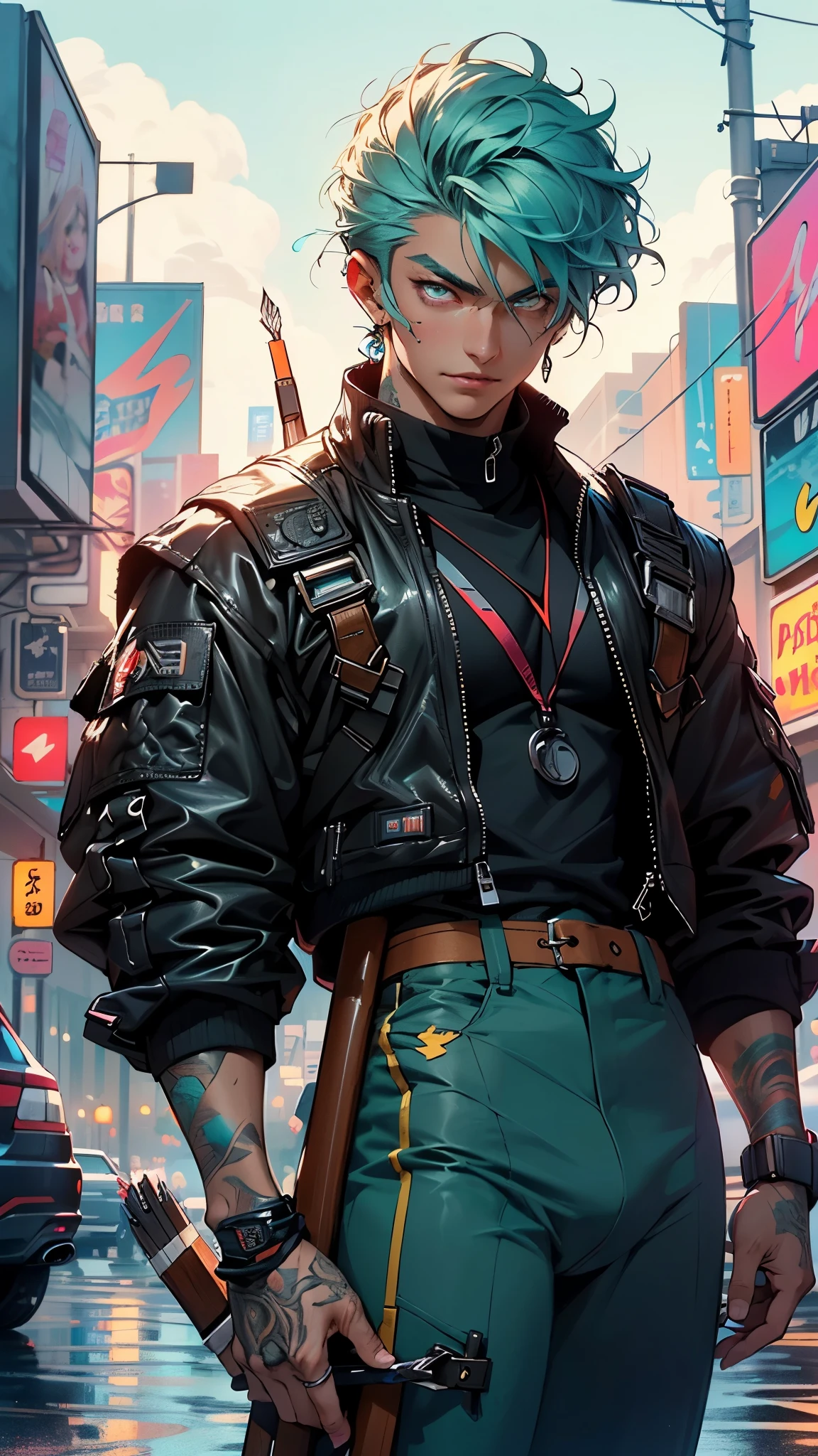 man:1.5,1 man,archer man,(((1man))),((man with aqua hair)),

(((1male,man:1.5,handsome man,male,male gender:1.5,male focus))),macho man,

((aqua messy hair,aqua hair,short hair,colored inner hair)),(((lustrous skin:1.5,tanned skin,bright skin: 1.5,skin tanned,shiny skin,very shiny skin,shiny body,illuminated skin))),(((aqua_eyes:1.2))),intricate eyes,beautiful detailed eyes,symmetrical eyes,((man chest)),handsome face,((muscular)),((detailed face)),

confident attitude,nsfw,

cyberpunk agent, ((holding a arch:1.5,bow and arrows in a quiver:1.5)), cyberpunk citizen in oversize techwear,((bulge in pants)),((cyberpunk archer outfit)),((wet clothes,intricate outfit,intricate clothes)),

(dynamic pose:1.0),solo focus,((evil smile,evil look)),(centered,scale to fit dimensions,Rule of thirds),

cyberpunk city by the ocean at night, with bright neon signs and dark stormy clouds and puddles, scenery:1.25,nighttime, starry night, cosmos,Very dark night that makes the neon lights stand out, very bright neon lights,nighttime, starry night, cosmos,

artistic photography,(photography taken by sldr),highres, sharp focus,(ultra detailed, extremely detailed), (photorealistic artwork:1.37),(extremely detailed CG unity 8k wallpaper),((synthwave background theme)),(((vibrant colors))),intricate,(intricate background),(masterpiece),(best quality),photo realistic,analog style,((intricate detail)),(((realism))),
