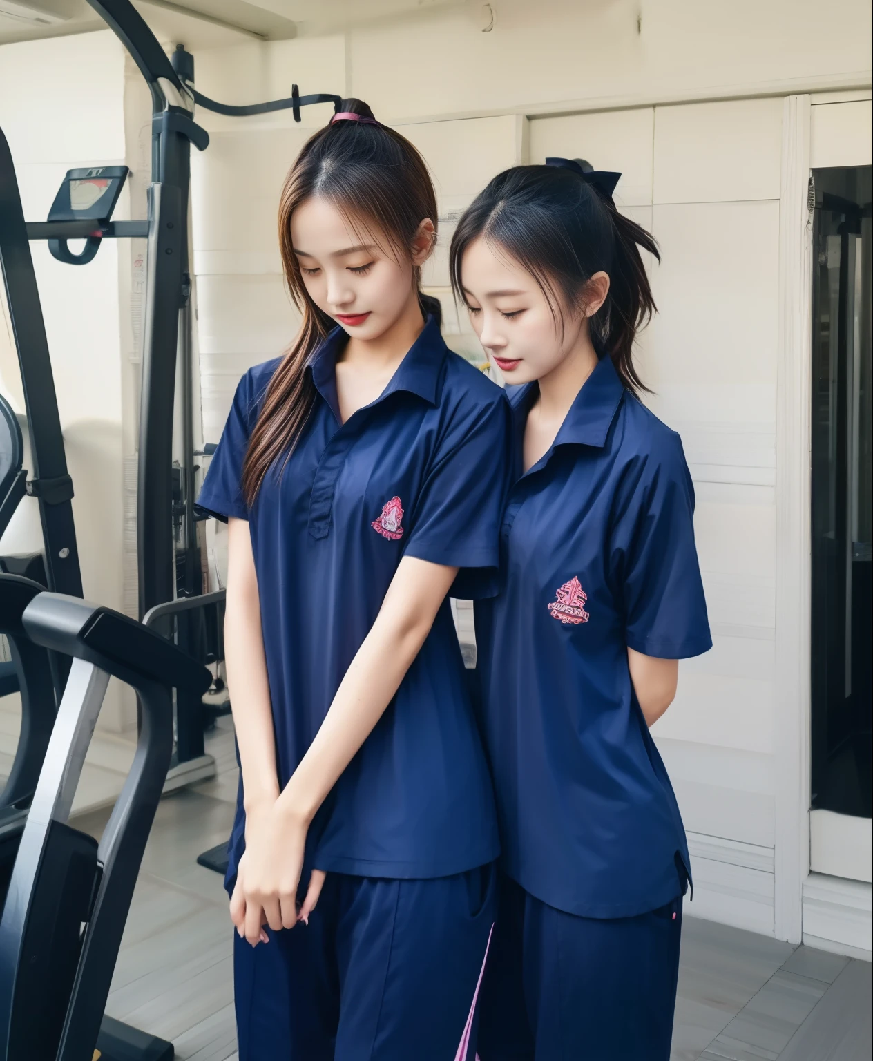 3 girls in fitness center, Navy blue short-sleeved shirt,Navy Long Trackpant,Sweatpants, Sweatpantsขายาว,25 year old girl, lesbian, sexy, exercise clothes, wet body, exercise clothes