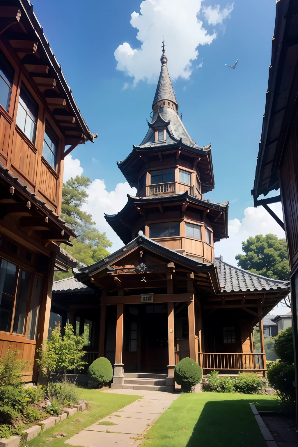 A mansion floating far in the sky、Under the mansion is a rock、A woman looking up at the mansion from the ground、The woman&#39;s hair is tied back、angle from below