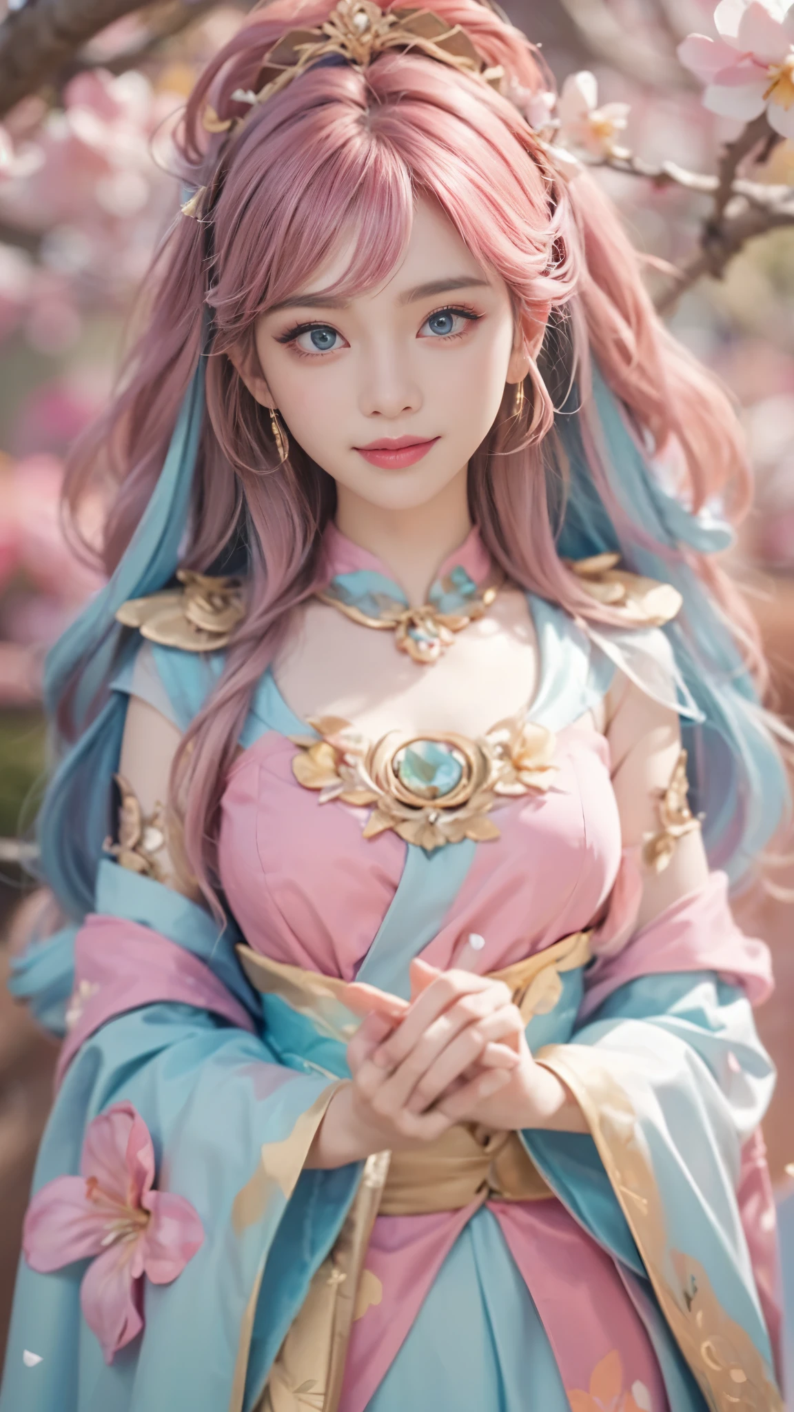 front,((front view)),((looking at the viewer)),close,look at me,smile,未来から来たgoddess, 胸を隠すためのgoddessの着物を着る, goddess,pink long hair,light blue emerald eyes,wears a golden vest, (goddessは明るいピンク紫の花びらに囲まれてある),mysterious version, Plump , Pink lips are balanced and very beautiful, intricate details, detailed background, many objects in the background, very detailed, magic lighting, woman, clearly drawn face, Beautiful face and symmetrical eyes, Big round eyes and very beautiful and detailed makeup, distant focus, silk clothes, mysterious ornaments, upper body portrait,sculpture,surrounded by cherry blossoms,cherry blossom petals、Hands are put together in front of the chest