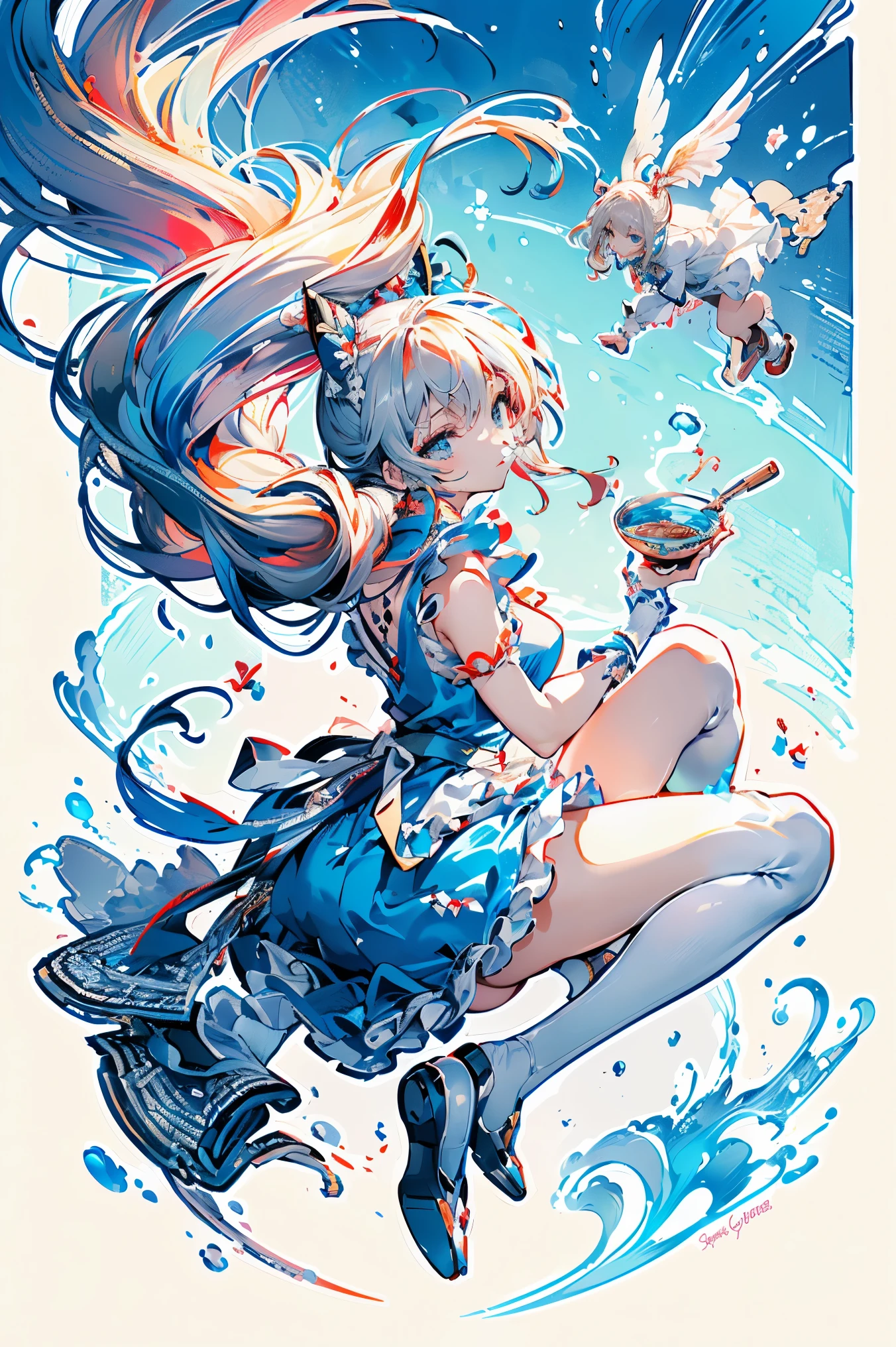(master piece, high-quality, Mystical, long legs:1.2, ideal ratio of body proportions), (ultra high resolution, 8K RAW photo, photorealistics, natural lighting, textile shading), wideshot photo:1.6, (1 beautiful anime girl:1.3, 16 years old, solo:1.5, milf:1.5, nsfw:1.25, full body:1.3), shinny skin, BREAK, ((alice in the wonderland:1.3, cuty, kawaii, lovely, funny, a girl falling down from sky:1.5, flying girl in sky:1.5, girl is floating in air:1.1, rolling up skirt by wind:1.5, (shamed:1.3), surprising, putting hands on crotch with apron:1.35)), BREAK, ((PlayingCards, Trump, tea cup, tea pot, tea spoons, small clock:1.3, lip sticks, candies:1.2, cookies, jam bottles, keys)), ((Royal-Blue dress :1.5, wearing long flaired skirt with blowing:1.3, White Apron, white stockings)), (medium long platinum-blonde hair:1.2, twin tail hair:1.6, tied hair with a large ribbon), (Blue eyes, bright pupils with highlights, detailed eyes), (lying down on your back:1.6, leaning backward:1.2, spreading legs with rising up straight:1.5), ((dutch angle:1.5, full body:1.3, ass focus:1.3, from below:1.5, unbalance posture)), fantastic colorful art, (fantasy image:1.5), ((correct anatomy:1.5, perfect anatomy:1.3, correct hand, small foot:1.2)), 