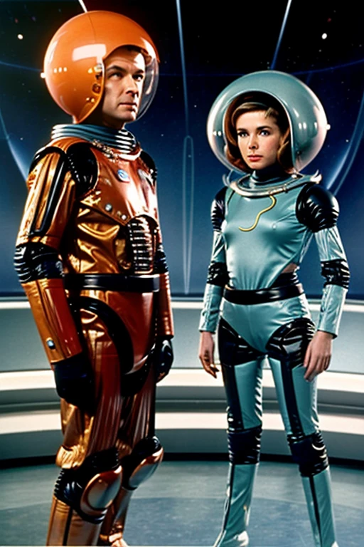 Image from a 1960s science fiction TV series with human actors and actors dressed as aliens and robots and flying saucers