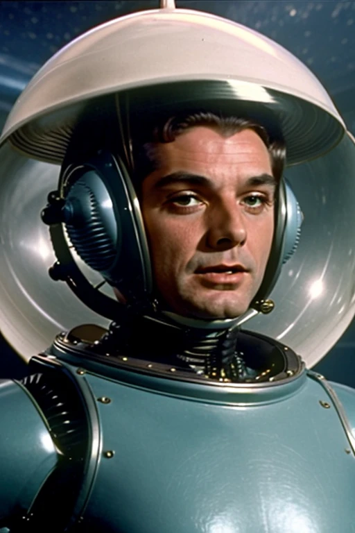 Image from a 1960s science fiction TV series with human actors and actors dressed as aliens and robots and flying saucers