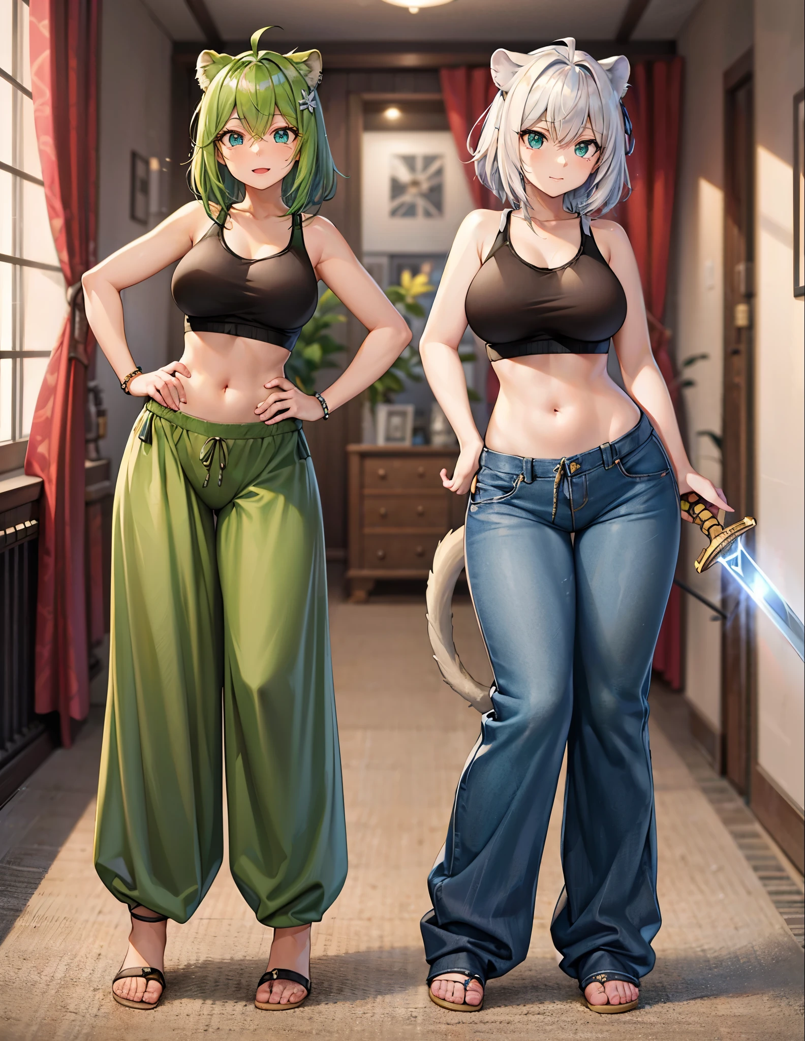 (best quality, 4k, 8k, highres, masterpiece:1.2), ultra-detailed, ((lioness girl)), ((green hair)), ((full body)), ((perfect body)), ((standing pose)), ((very baggy and long belly dance harem pants)), ((detailed pants)), ((perfect pants)), ((holding a big sword)), ((detailed sword)), ((perfect sword)), ((fully detailed)), illustration, vivid colors
