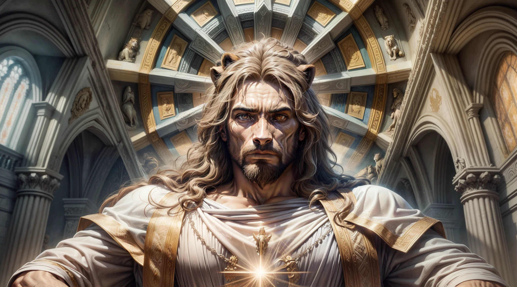 uma imagem de Jesus, imposing with a lion