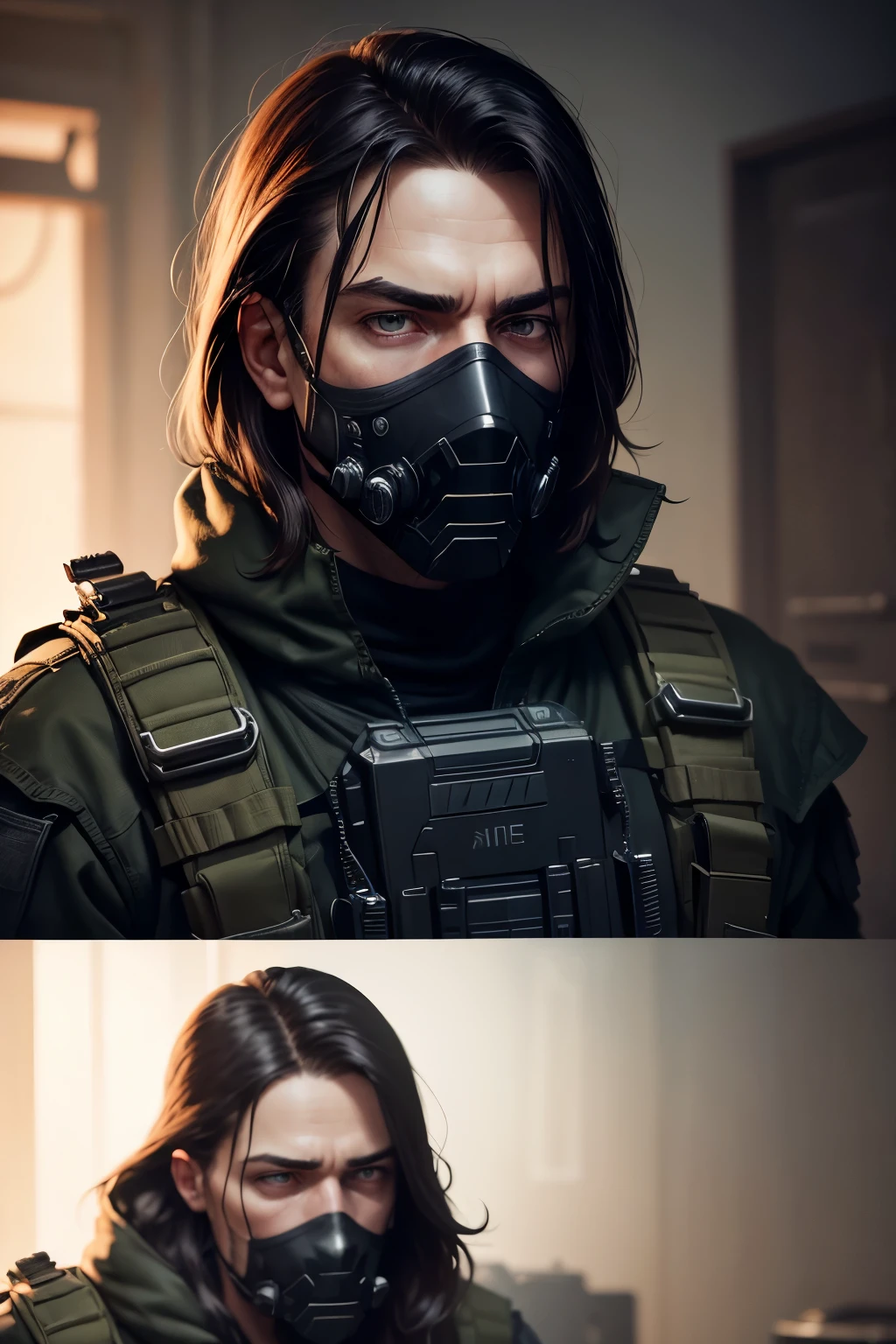 (best quality,ultra-detailed,realistic:1.37), older bucky barnes, call of duty ghost, full ghost mask, detailed eyes and face, detailed camouflage uniform, tactical mask, tactical vest, military boots, wielding advanced weapons, intense facial expression, intricate facial hair, futuristic environment, dark and gritty atmosphere, haunting shadows, dramatic lighting, high-res texture, professional level graphics, immersive gaming experience, adrenaline-pumping action.