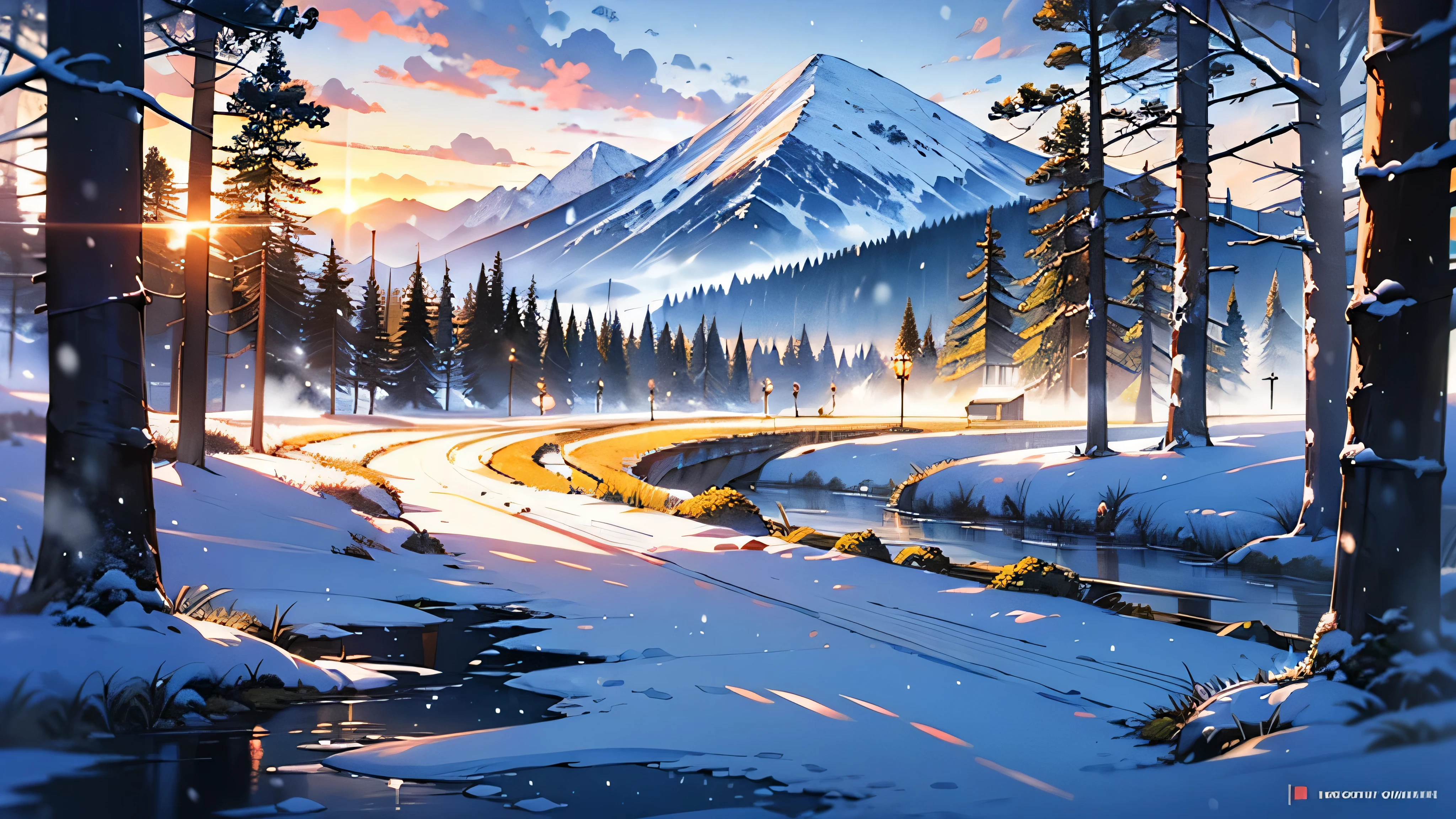 oil painting, acrylic, thick brush, oil on canvas, winter landscape, snowy forest, misty mountains, sunset, impressionism. smooth