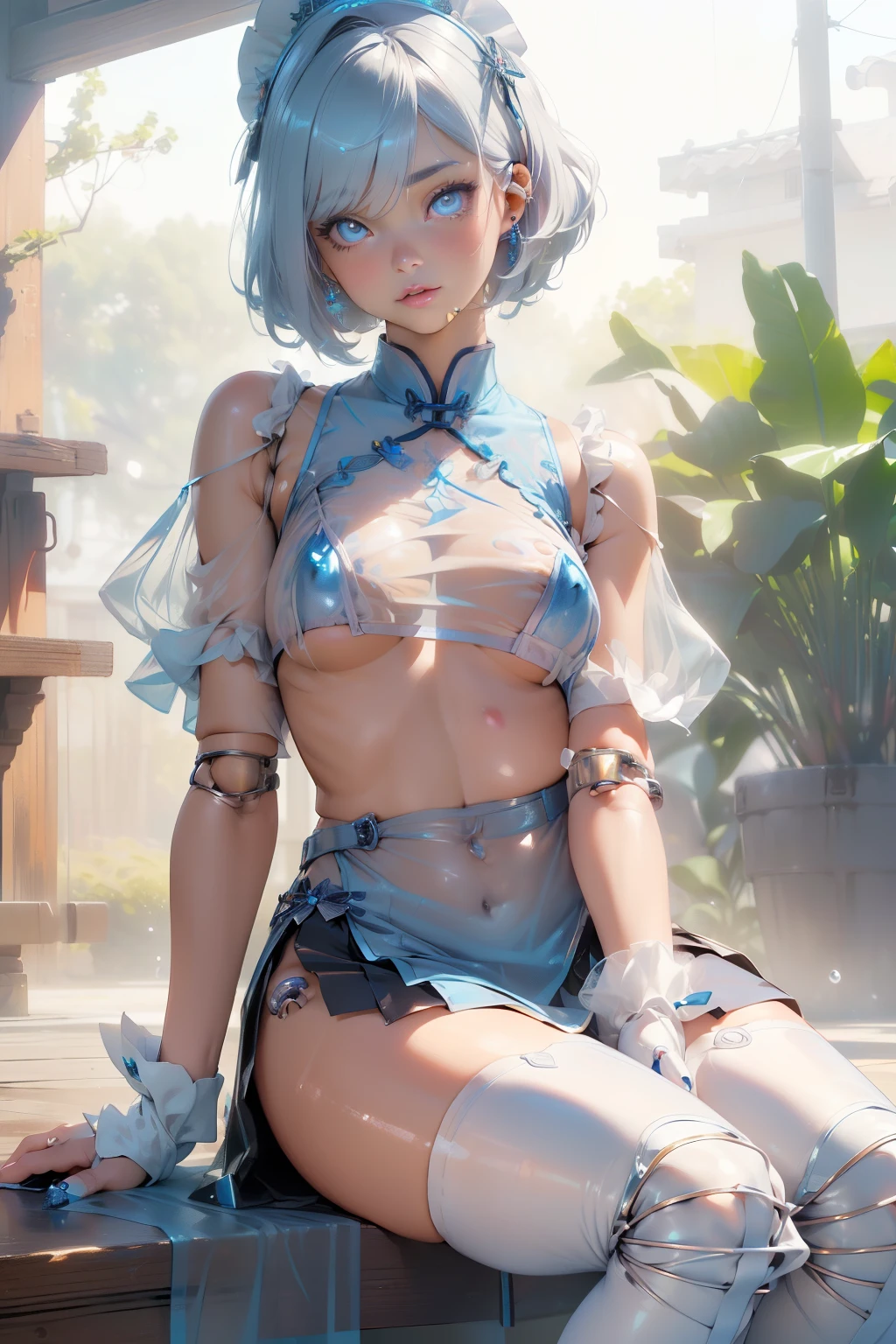 (quality)), ((masterpiece)), Recommended results、puffy nipples、(see through:1.5)、straighten your back、abdominal muscles、huge bust、angle to floor:1.2、low camera angle、Hair loss on crotch,Hatsune Miku,(cyborg girl),maid 1 名女孩)),((charming and beautiful pale nipples 金色的 hair)),(big breasts:1.4),Breast sagging,(((pale nipples 金色的 bob hair:1.35,Colored inner hair,short hair),(((toy doll))),((pale nipples white skin,toy doll joints:1.5,Manipulator:1.5)),((金色铠甲cheongsam,Tesla Coil)),((maid mechanical toy doll:1.5,body:1.5,metal skin,ball joint,cyborg:1)),(((pale nipples_blue_Eye:1.3))),((fat)),(((shiny skin:1.5,bright skin: 1.5,shiny skin,very shiny skin,shining body,plastic glitter skin,exaggerated shiny skin,glowing skin,wet legs))),(lower abdomen,Yao Liu,wide hips,detailed body,(Detailed face)),charming,Tempting,,((national foundation)),(maid headdress),only_Shoulder,Delicate metal decoration,hat,(maid),sleeveless,mini skirt,boots,art photography,(Photos taken by sldr),high resolution, sharp focus,(super detailed, Very detailed), (realistic artwork:1.37),(Very detailed CG unity 8k wallpaper),,(((bright colors))),complicated,(complicated background),(masterpiece),(最好的quality),Perfect face,Perfect facial details,realistic face,lifelike,analog style,((complicated detail)),(((realism))),金色short hair,cheongsam