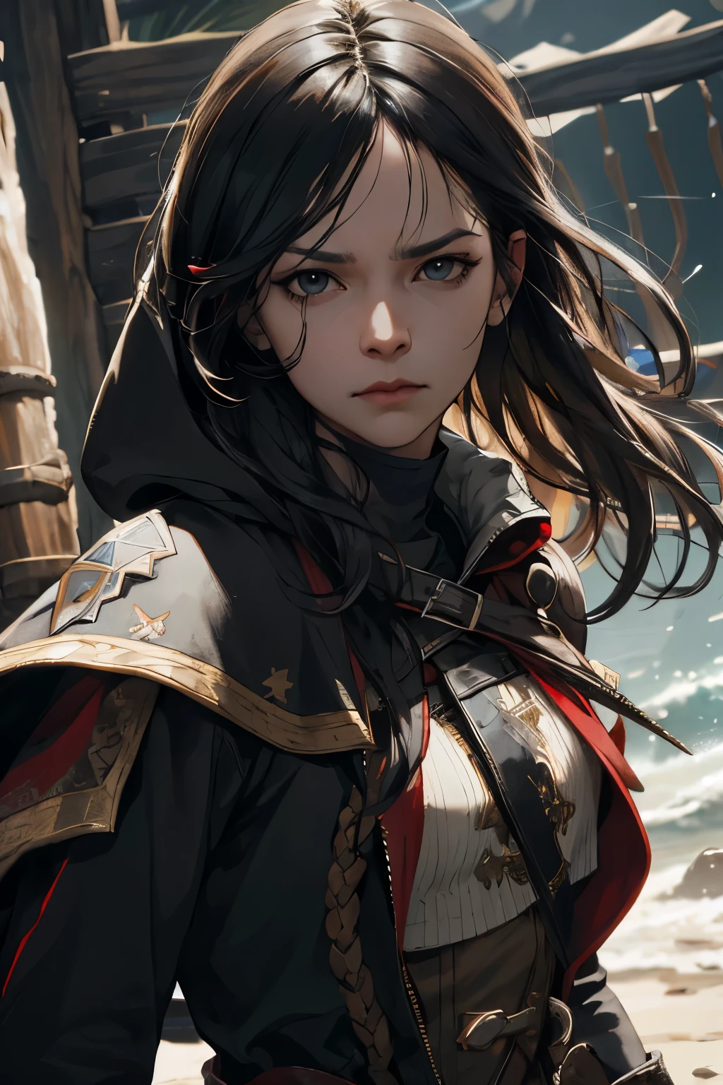 (absurdres, highres, ultra detailed), 1woman, mature female, aged up, wavy long hair, Black hair, black eyes, bangs, long sleeves, finely detailed eyes and detailed face, extremely detailed CG unity 8k wallpaper, intricate details, portrait, (bloody scars:0.7), looking down, solo, upper body, detailed background, determined expression, assassins creed,  assassin, hidden wrist-blade, black rugged  assassin clothes, hood, capelet,  small knives,  revolutionary, dynamic pose,  caribbean island setting, golden age of piracy, open gate in background, dust, , portrait, wind swirling