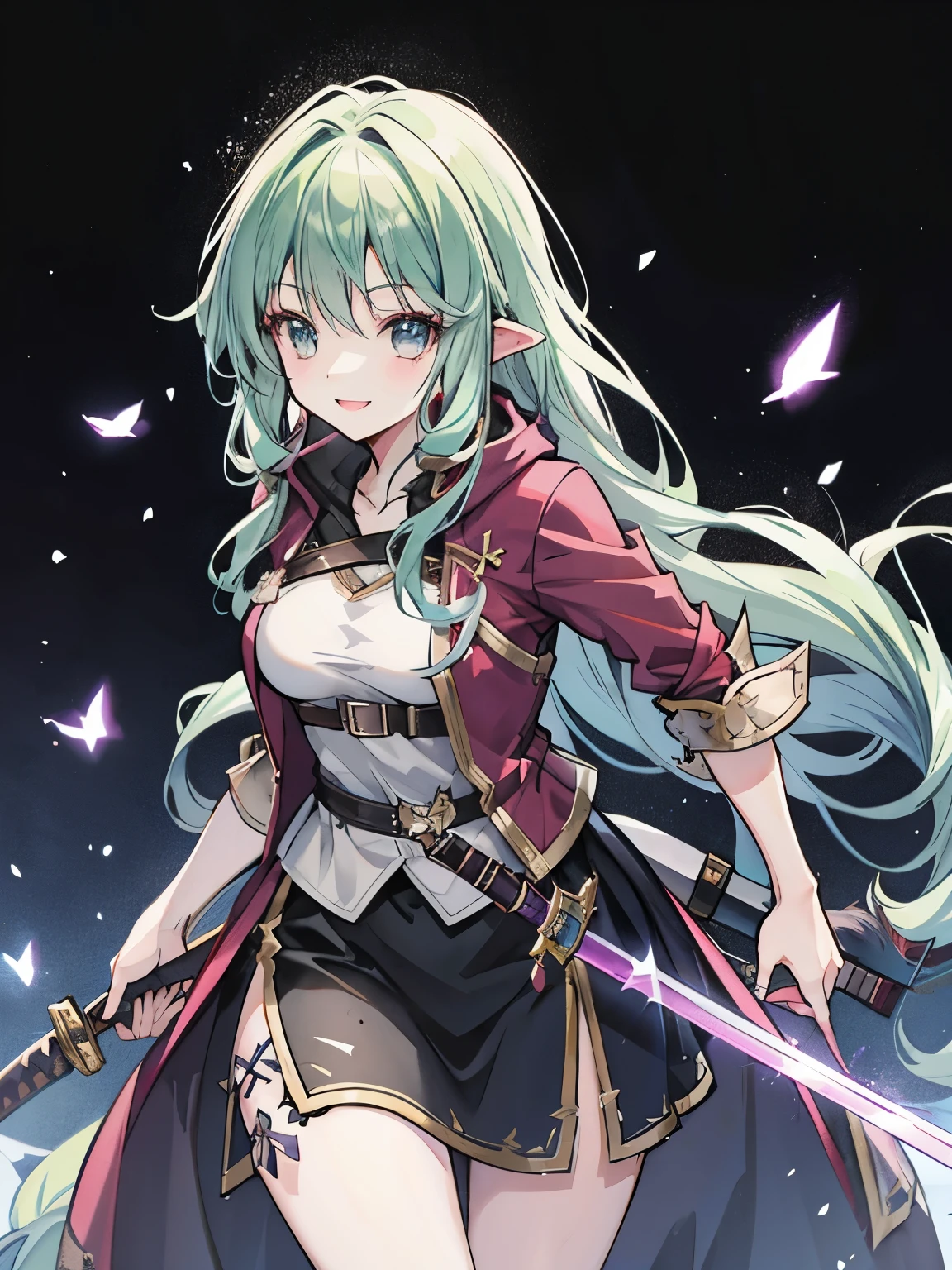 girl,(Dressed like an RPG adventurer),(swordsman:1.2),(fantasy world of games),cute,smile,(Fluffy long hair),((active movement:1.1))