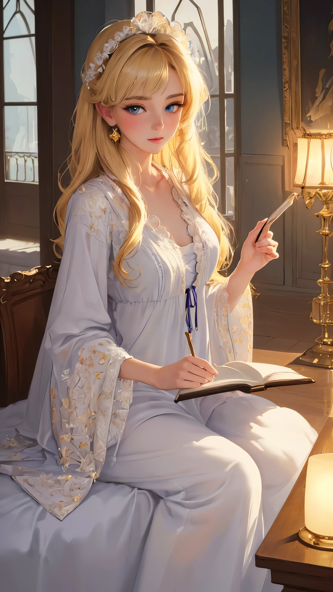 masterpiece, best quality, (extremely detailed CG unity 8k wallpaper, masterpiece, best quality, ultra-detailed, best shadow), (detailed background), (beautiful detailed face, beautiful detailed eyes), High contrast, (best illumination, an extremely delicate and beautiful),(girl:1.5),((blonde hair woman nightgown painting volegov carl larsson)), ((caustic, sexy, charming, seductive)), hand hold the book, read book, dynamic angle,beautiful detailed glow,full body, cowboy shot