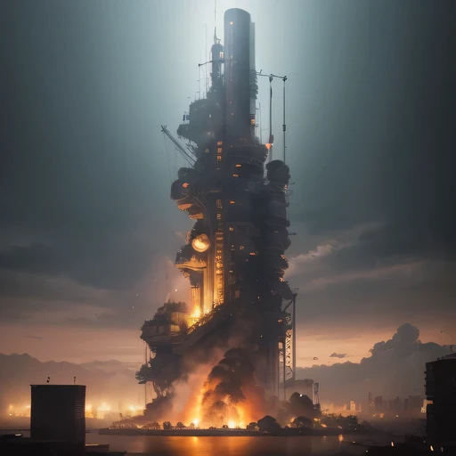 Spacecraft on the take-off station, around the flames from the ship's engine