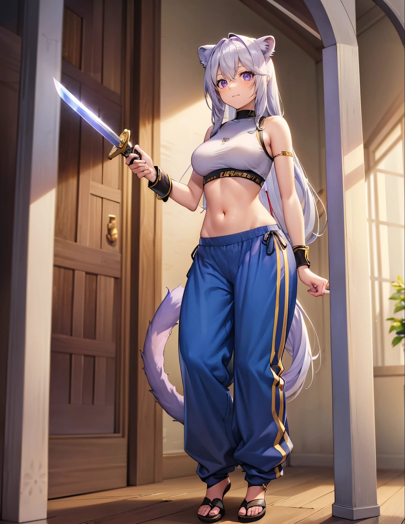 (best quality, 4k, 8k, highres, masterpiece:1.2), ultra-detailed, ((lioness girl)), ((silver hair)), ((full body)), ((perfect body)), ((standing pose)), ((very baggy and long belly dance harem pants)), ((detailed pants)), ((perfect pants)), ((holding a big sword)), ((detailed sword)), ((perfect sword)), ((fully detailed)), illustration, vivid colors
