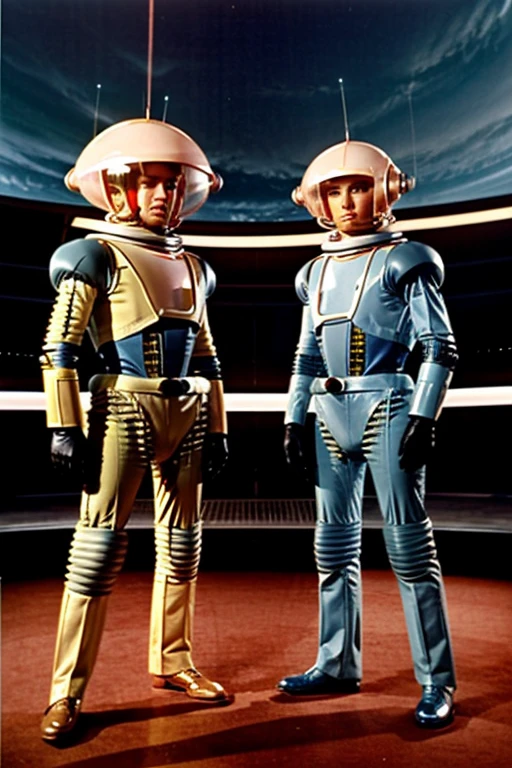 Wide shot of a 1960s science fiction TV series with human actors and actors dressed as aliens and robots and flying saucers