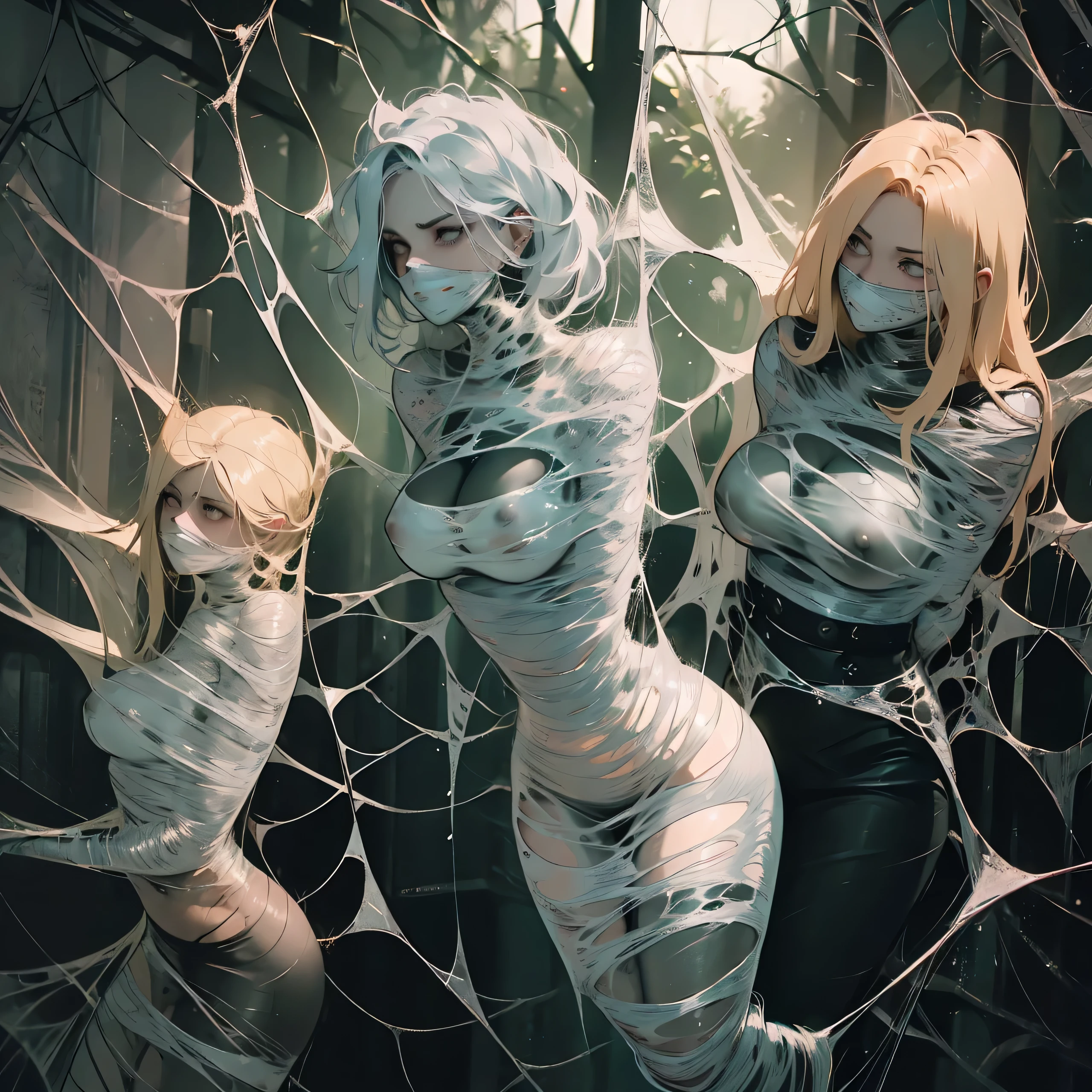 1girl,web covered with dew, dimly lit, eerie atmosphere, dark colors, dusty chalkboard, old desks and chairs, broken windows, torn textbooks, abandoned spider's nest, 2 students in the background studying diligently, rays of sunlight filtering through the cracks. (best quality, highres), (realistic:1.37), oil painting, dramatic lighting, muted tones. (cocoon:1.3)